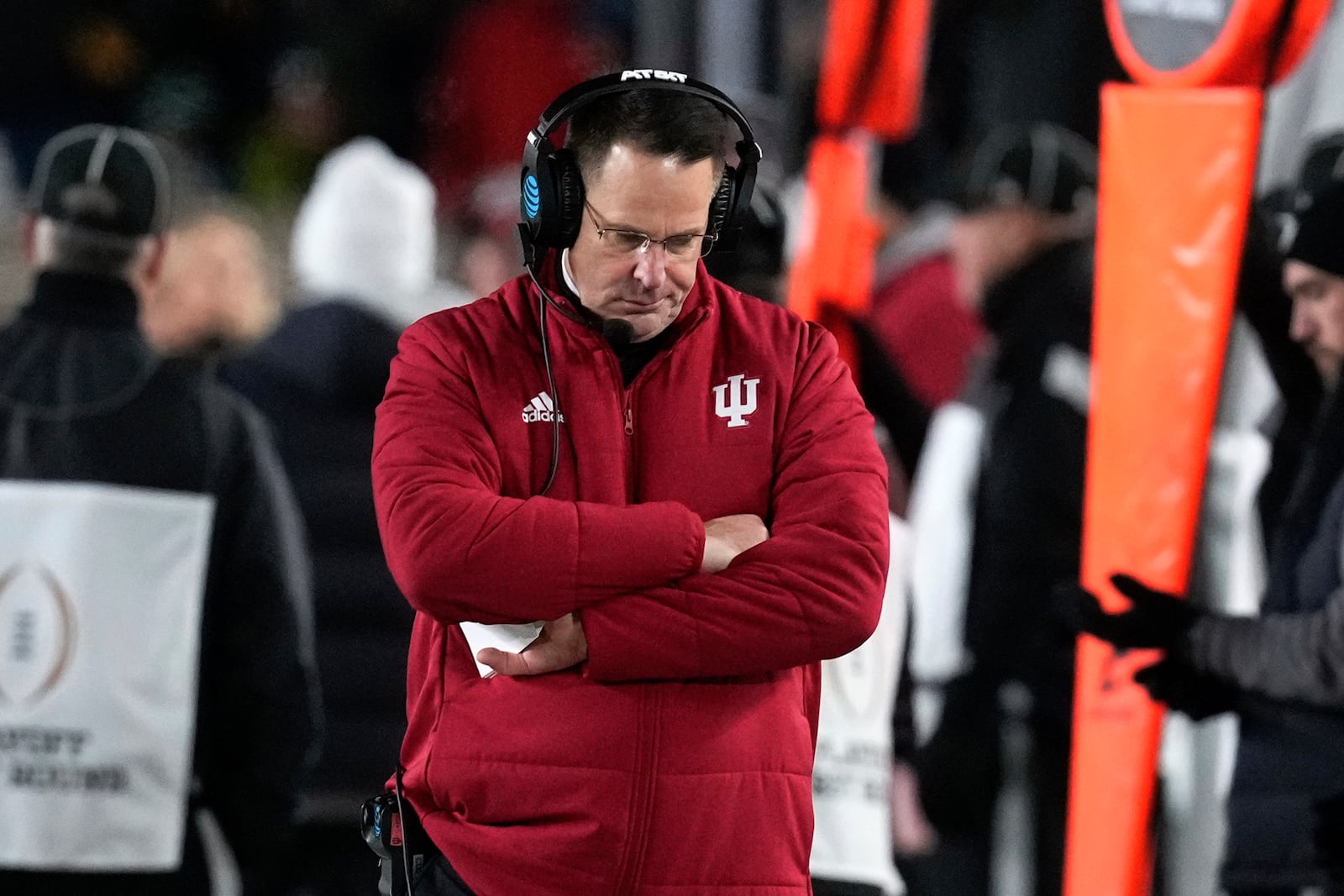 Indiana head coach Curt Cignetti watches against Notre Dame during the first half in the first round of the NCAA College Football Playoff, Friday, Dec. 20, 2024, in South Bend, Ind. (AP Photo/Darron Cummings)