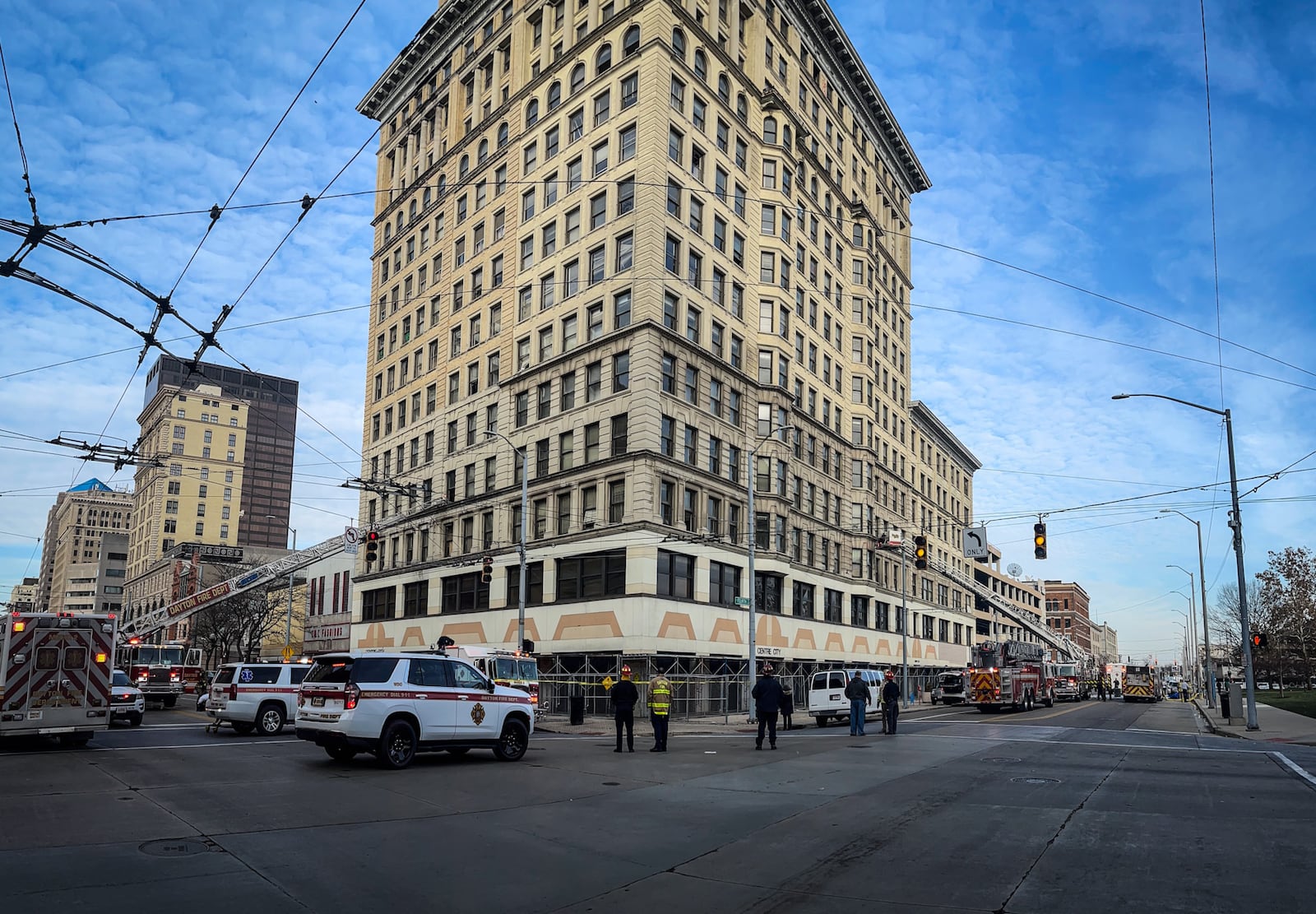 A hazmat crew and multiple Dayton Fire Department personnel responded Friday, Dec. 13, 2024, to the Centre City building at Fourth and Main streets in downtown Dayton. JIM NOELKER/STAFF