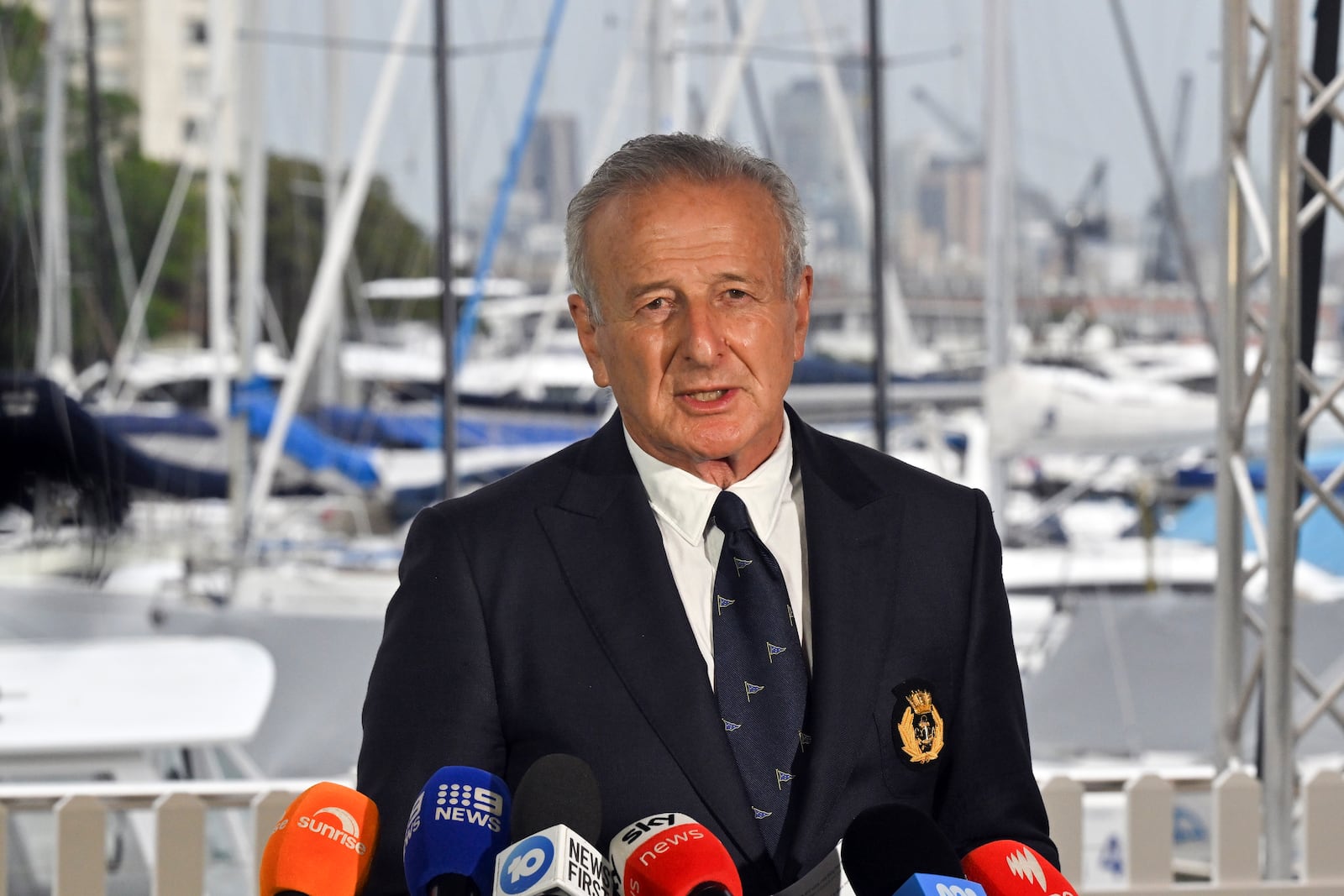 Cruising Yacht Club of Australia, Vice Commodore David Jacobs, speaks to media following the deaths of two sailors during the Sydney Hobart yacht race at the Cruising Yacht Club of Australia, in Sydney, Friday, Dec. 27, 2024. (Mick Tsikas/AAP Image via AP)