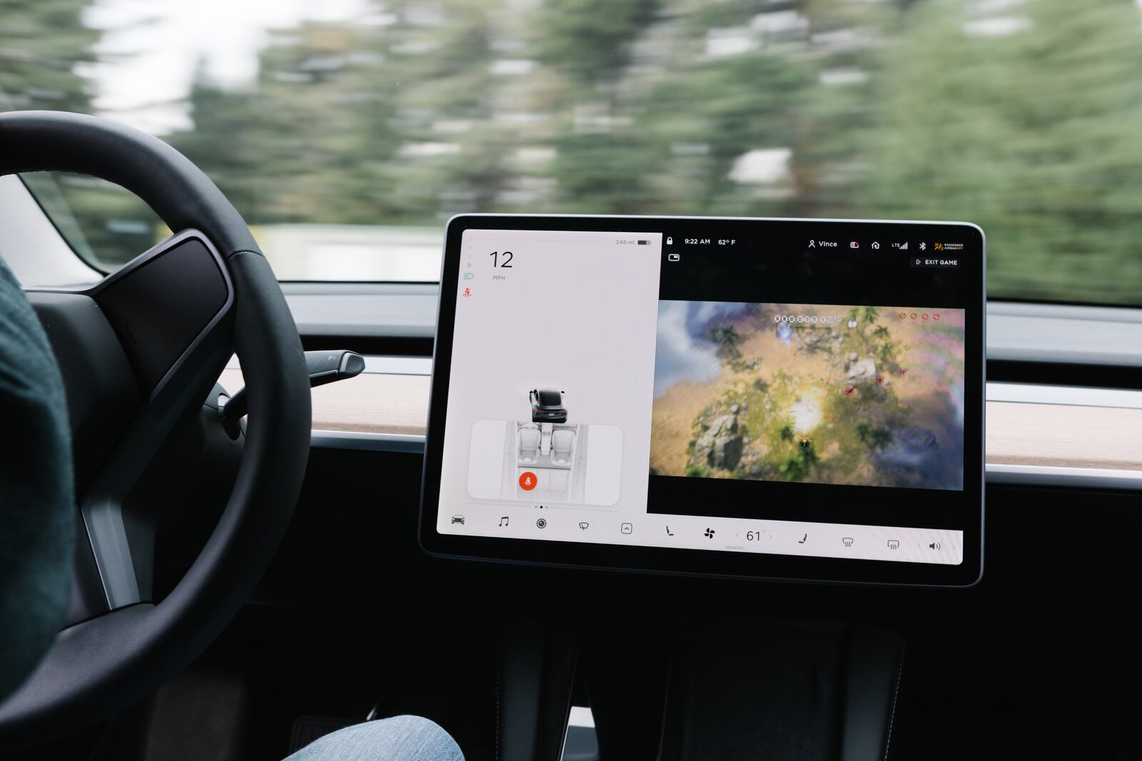 A video games runs on the screen between driver and passenger in a Tesla, Portland, Ore., Sept. 17, 2021. The National Highway Traffic Safety Administration said on Wednesday, Dec. 8, 2012, it is looking into a new feature in Tesla cars that allows drivers to play video games on a large touch-screen while the vehicles are moving. (Will Matsuda/The New York Times)