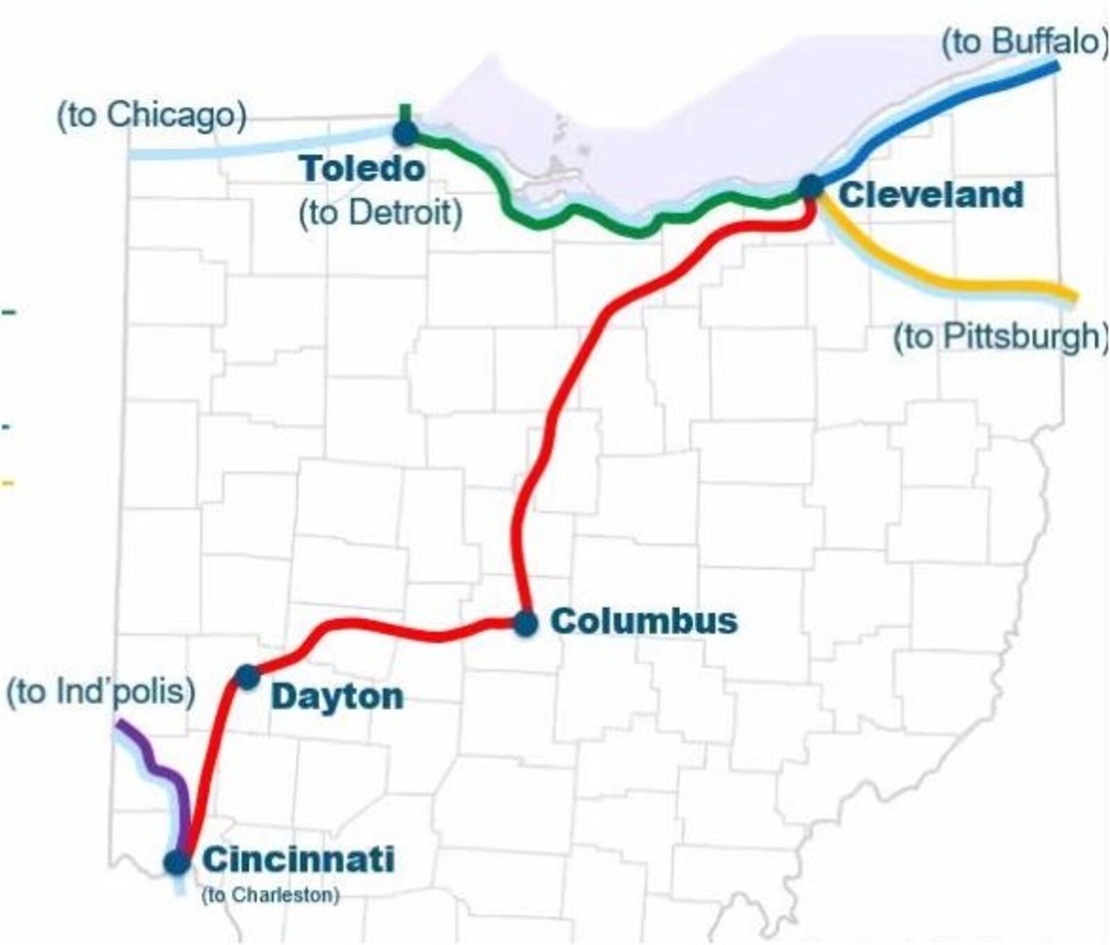 This map shows the five proposed Amtrak routes in Ohio that would be financed by the transportation legislation now being considered by Congress. PROVIDED