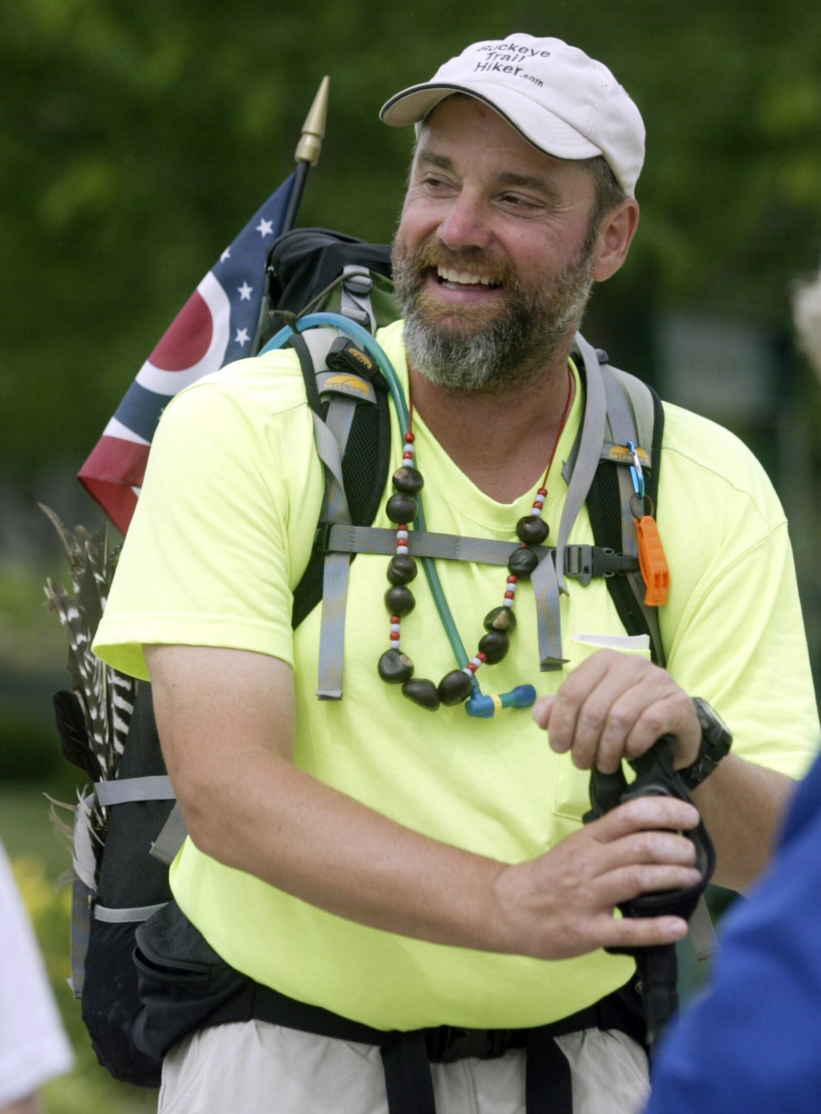 Andy Niekamp of Kettering returned to Deeds Point in Dayton Wednesday June 15 after a four month long trek on the Buckeye Trail hiking more than 1,400 miles. Niekamp started his journey at the statue of Orville and Wilbur Wright located at Deeds Point and returned to the same spot for the finish.