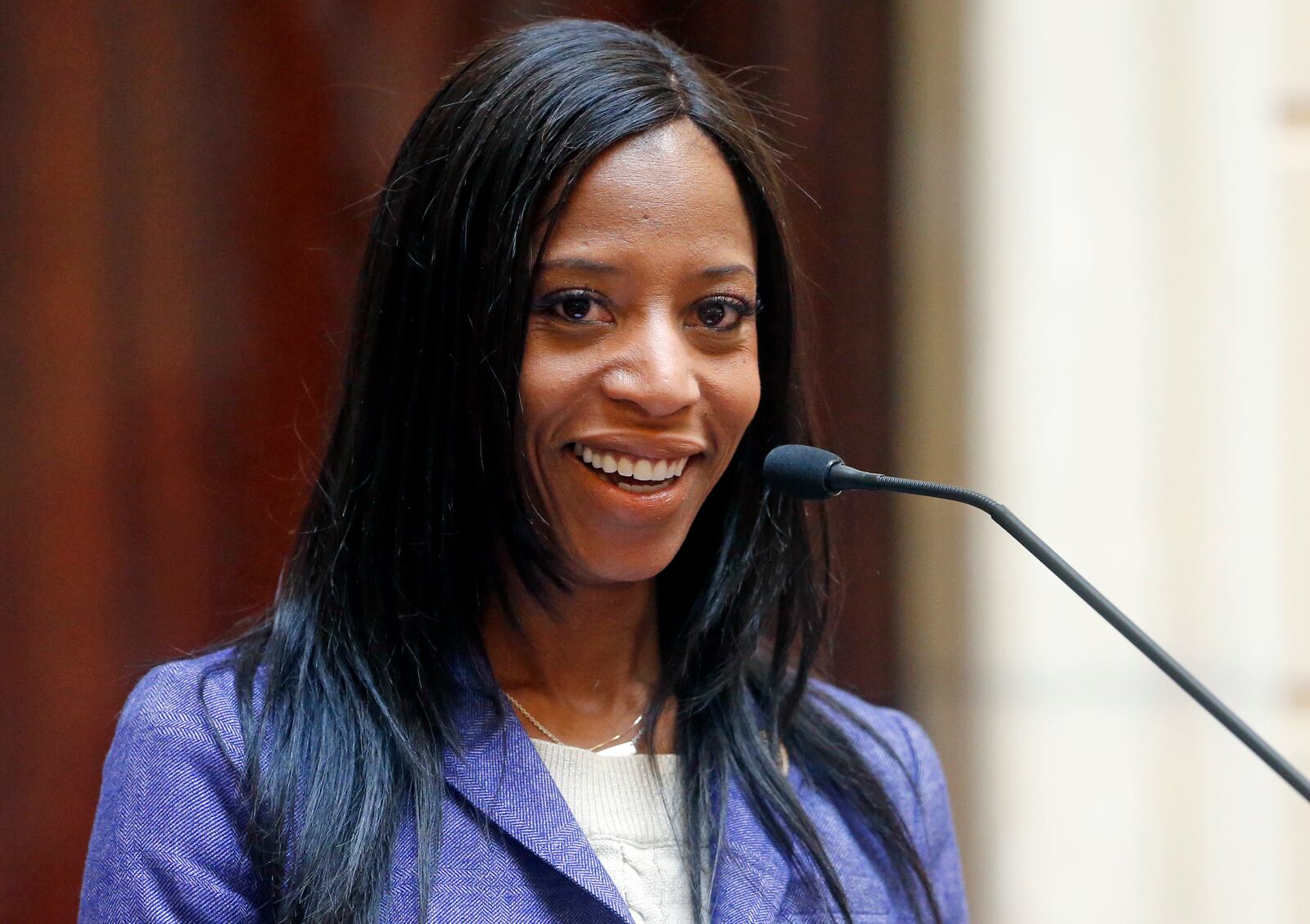 FILE - Rep. Mia Love, R-Utah, speaks on the Senate Floor, Feb. 22, 2018, at the Utah State Capitol, in Salt Lake City. (AP Photo/Rick Bowmer, File)