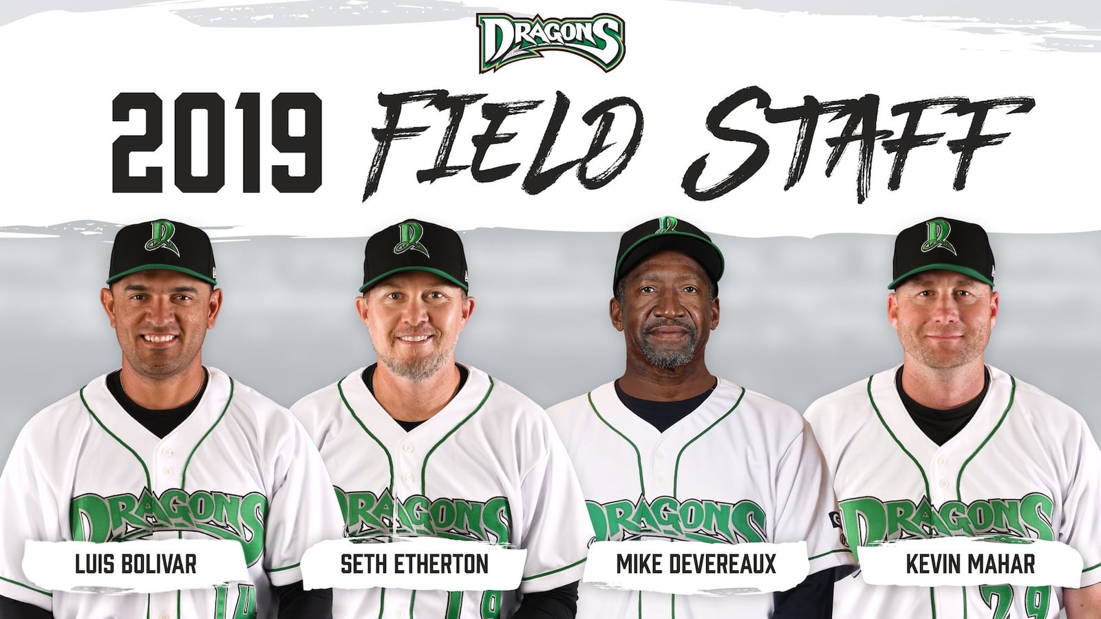 The Dayton Dragons minor-league baseball coaching staff for the 2019 season is manager Luis Bolivar (left), pitching coach Seth Etherton, hitting coach Mike Devereaux and bench coach Kevin Mahar. DRAGONS CONTRIBUTED PHOTO