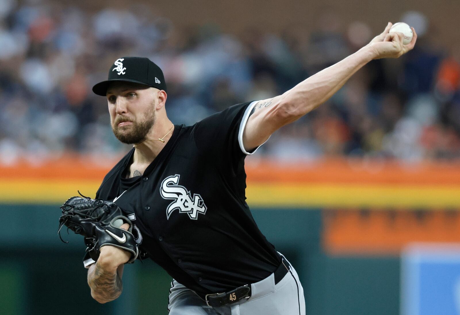 FILE - Chicago White Sox's Garrett Crochet pitches against the Detroit Tigers during the second inning of a baseball game Sept. 27, 2024, in Detroit. (AP Photo/Duane Burleson, File)