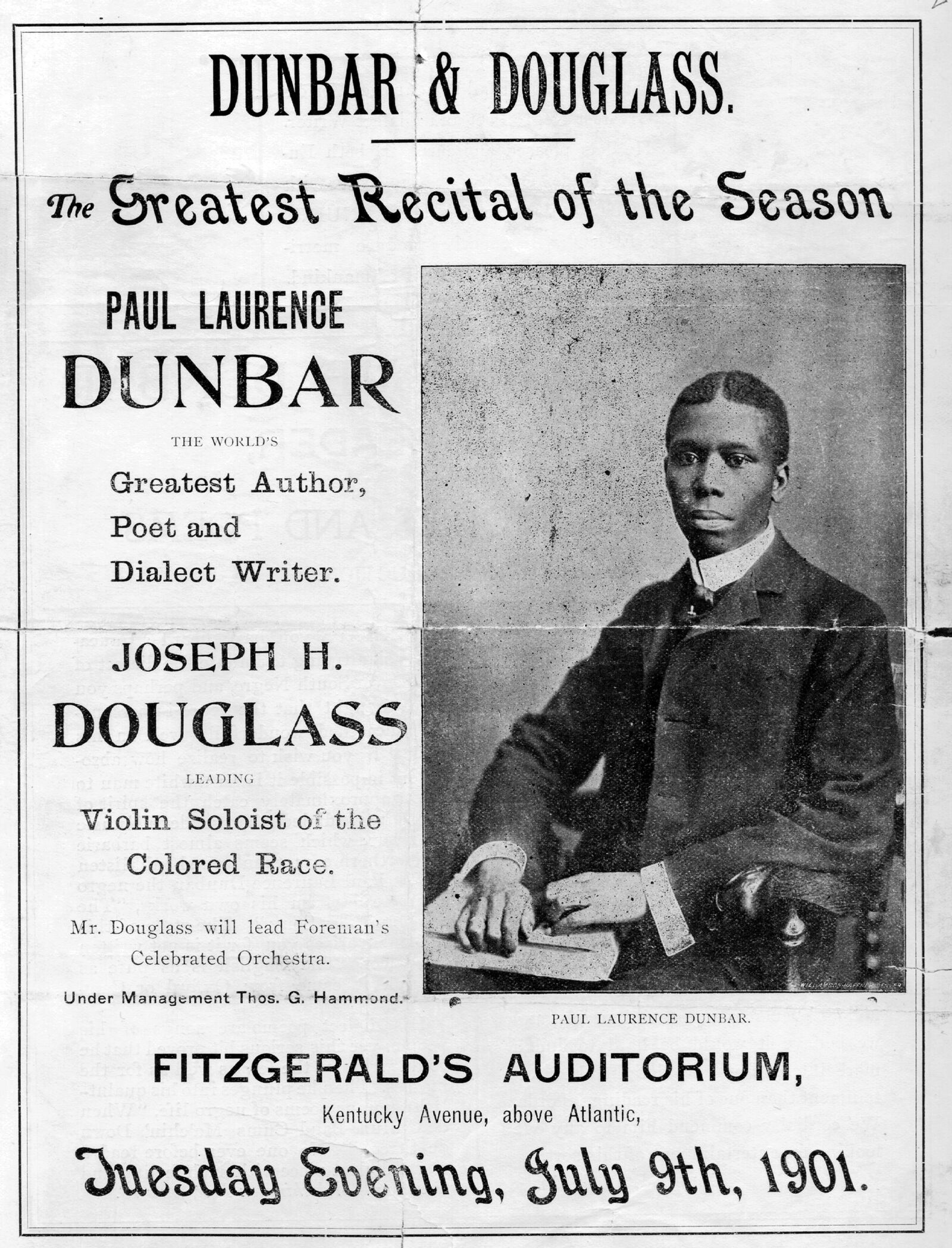 A printed broadside announcement of a recital given by Paul Laurence Dunbar and Joseph H. Douglass at Fitzgerald’s Auditorium, Atlantic City, New Jersey, on July 9, 1901. PHOTO COURTESY OF THE OHIO HISTORY CONNECTION