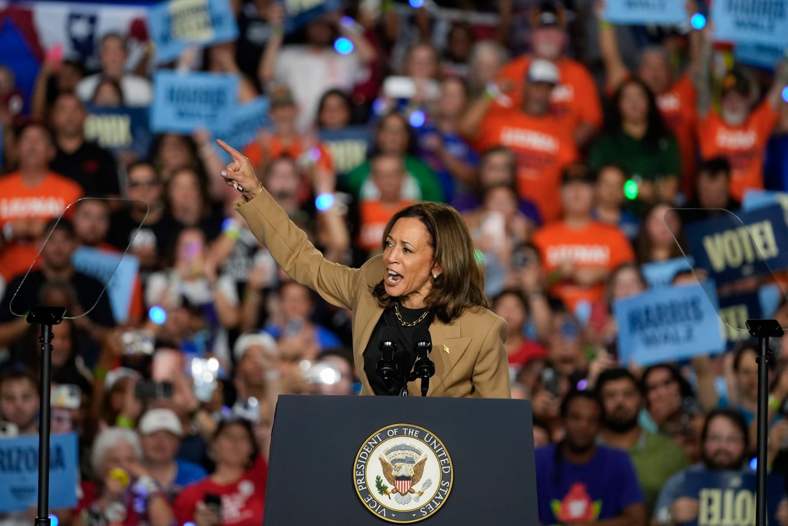 FILE - Democratic presidential nominee Vice President Kamala Harris speaks Thursday, Oct. 10, 2024, on the Gila River Indian Community reservation in Chandler, Ariz. (AP Photo/Matt York, File)