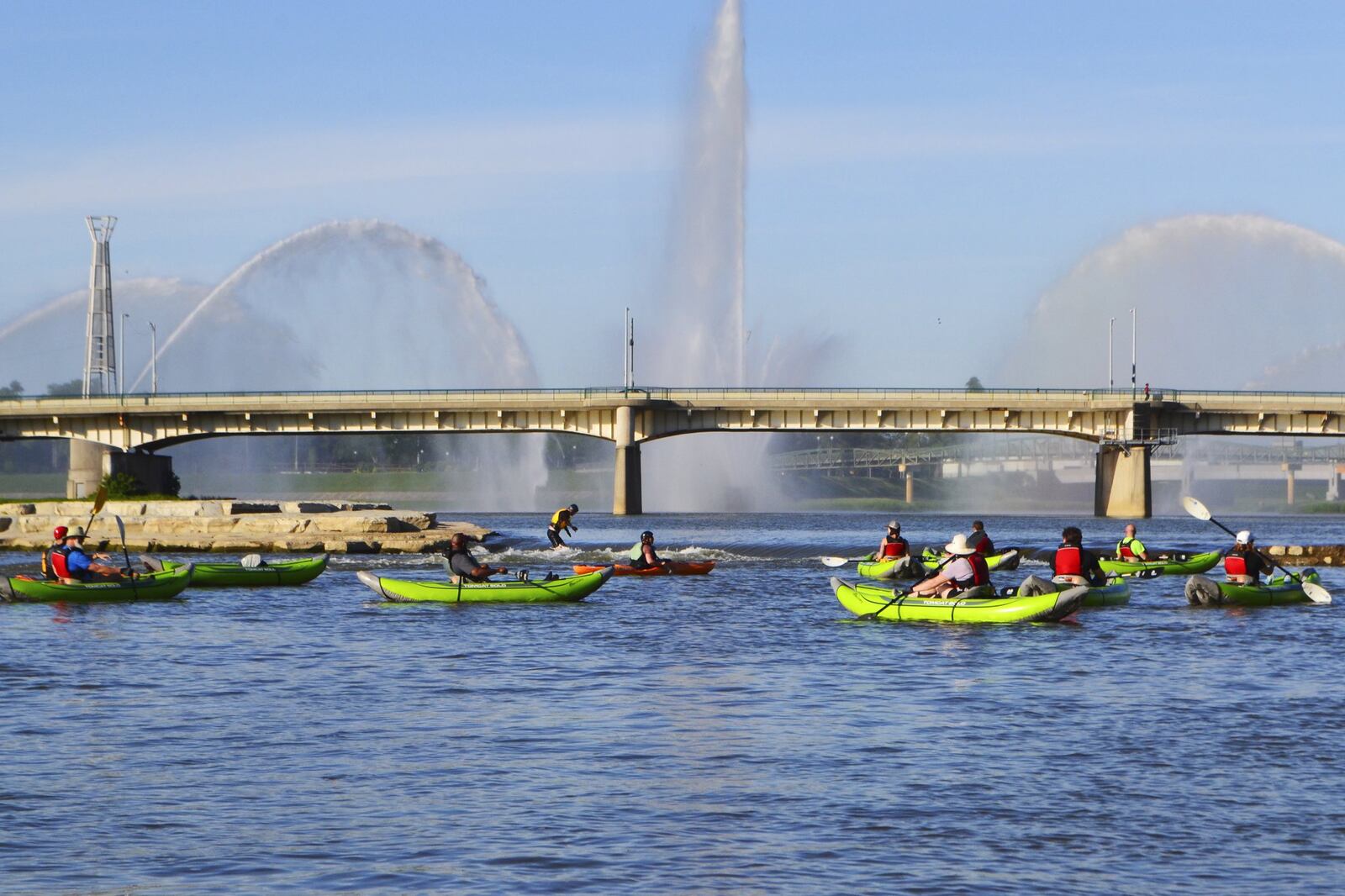 Paddling near the fountains at RiverScape Metropark. CONTRIBUTED