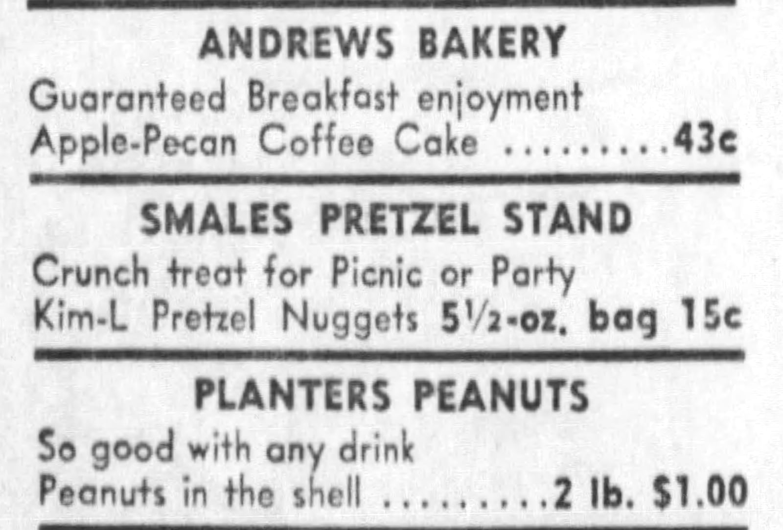 A Dayton Arcade advertisement from 1956 featuring the Smales pretzel stand. JOURNAL HERALD ARCHIVES