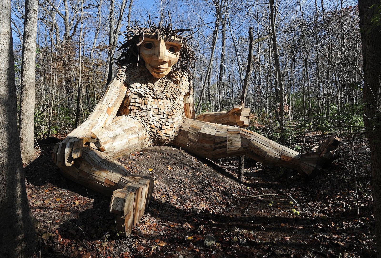 Artist Thomas Dambo debuts a new troll exhibit atAullwood Audubon Center and Farm. The trolls Bo, Bodil and Bibbi and their troll-sized nest have found their home in Dayton. "The Troll That Hatched an Egg" is one of only nine Dambo-created exhibitions in the United States and Puerto Rico. MARSHALL GORBY\STAFF