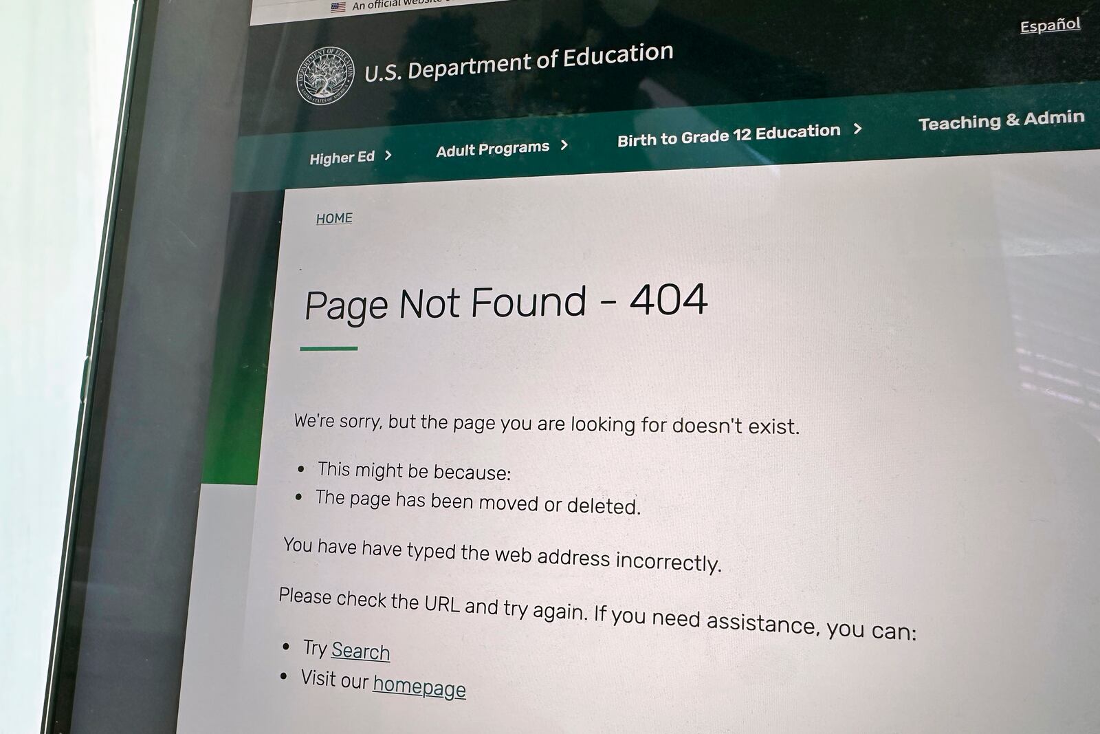 This U.S. Department of Education website page is seen on Jan. 24, 2025 in Washington. (AP Photo/Alex Brandon, File)