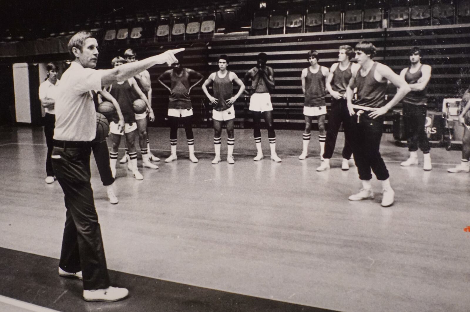 Dayton Flyers basketball. Coach Don Donoher during practice. Oct. 17, 1978. COURTESY OF WRIGHT STATE UNIVERSITY, DAYTON DAILY NEWS ARCHIVE