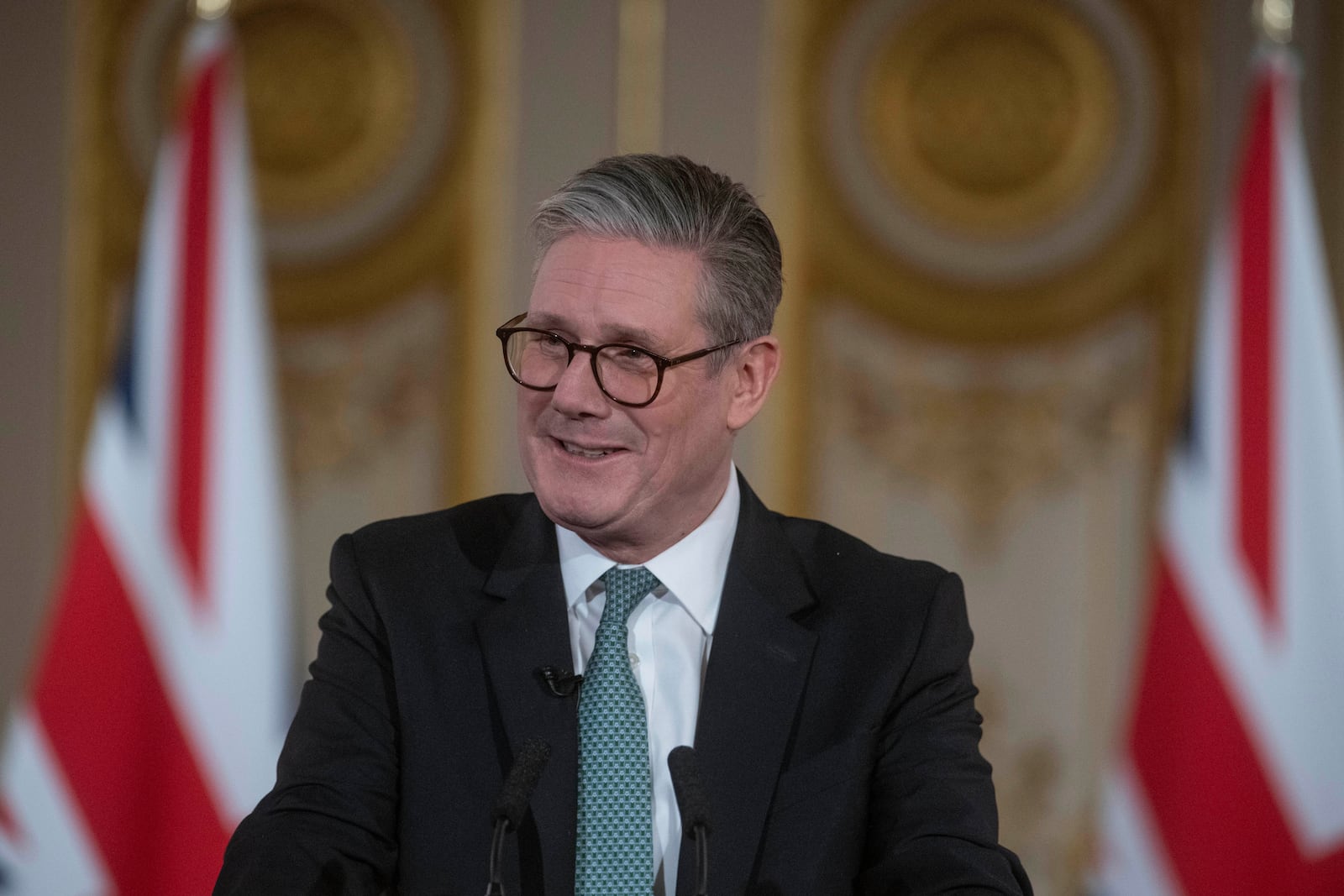 Britain's Keir Starmer speaks at a press conference as he hosts a European leaders' summit to discuss Ukraine, at Lancaster House in London, Sunday March 2, 2025. (Julian Simmonds/Pool via AP)