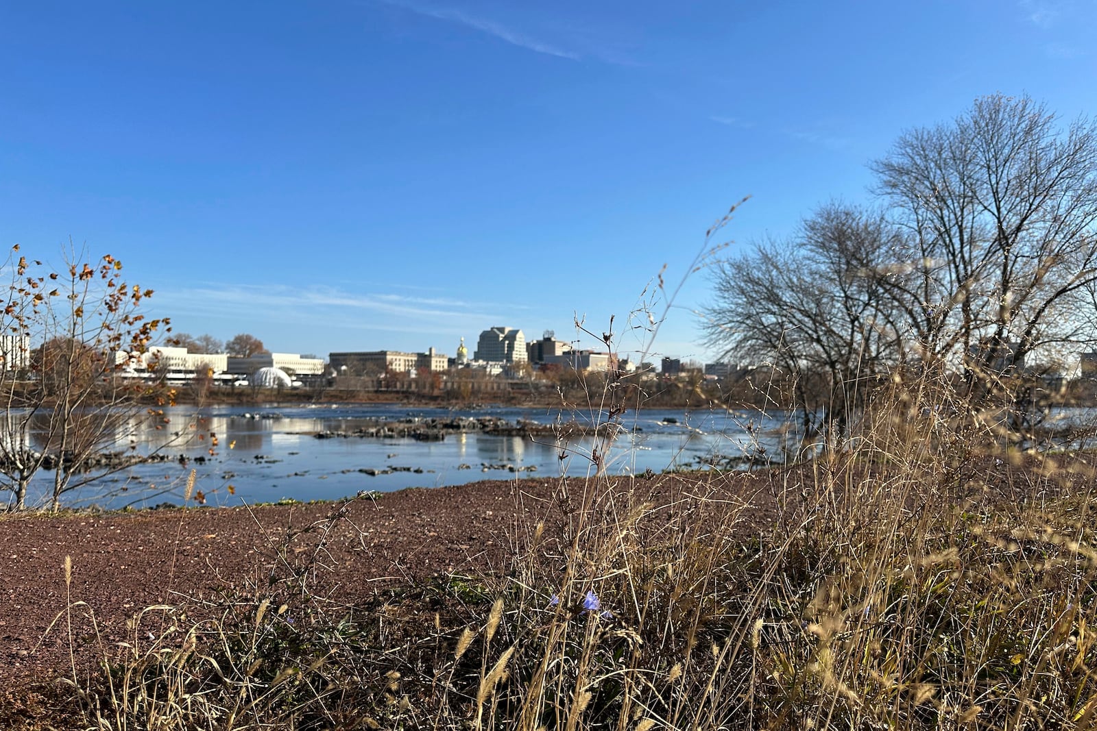 The Delaware River overlooking Trenton, N.J. flows downstream as seen from from Morrisville, Pa., on Monday, Nov. 25, 2024. (AP Photo/Mike Catalini)