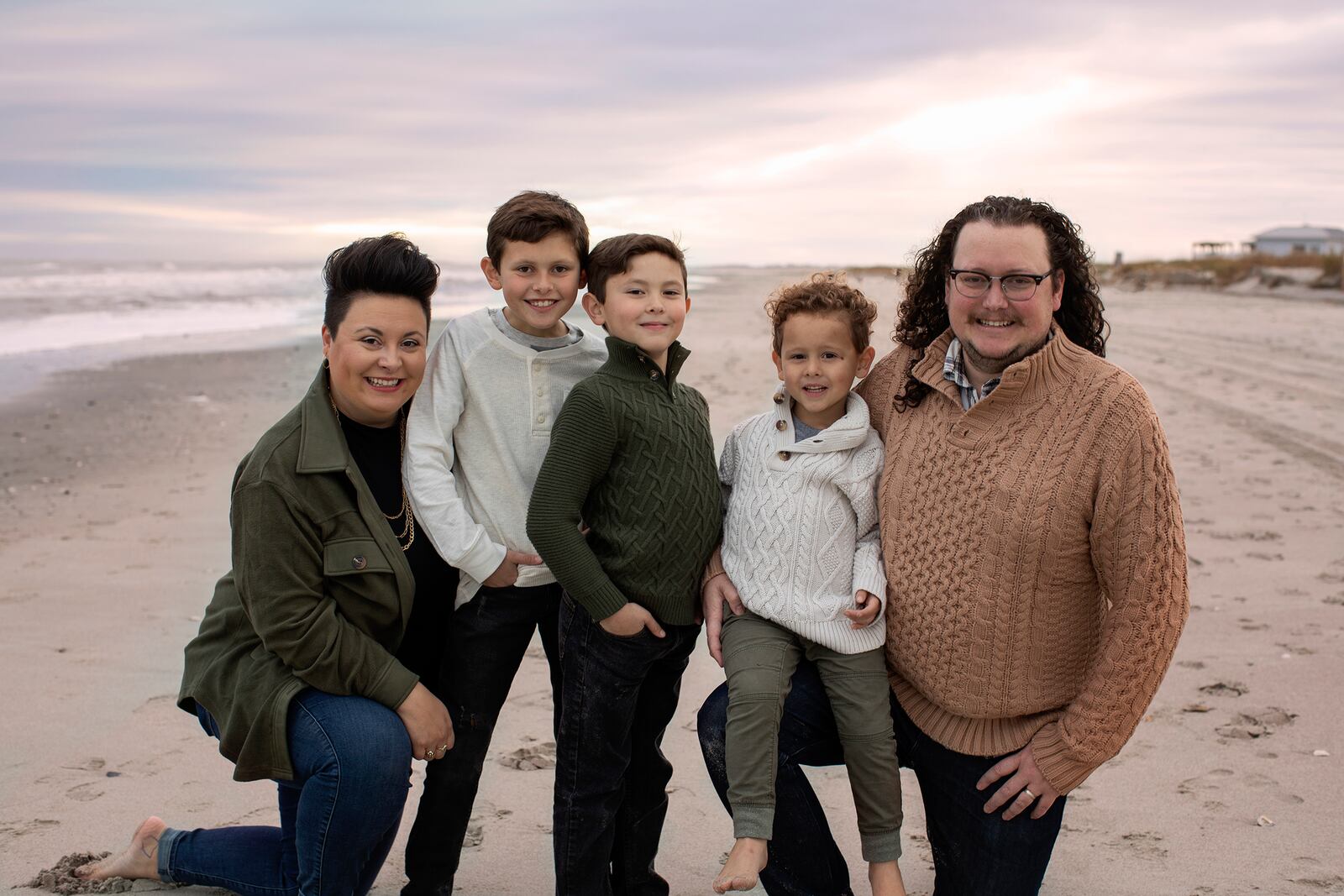 The Cross family on vacation in Folly Beach, Alabama, November of 2022. L-R Claire, Andrew, Albie, Ari and Brycen