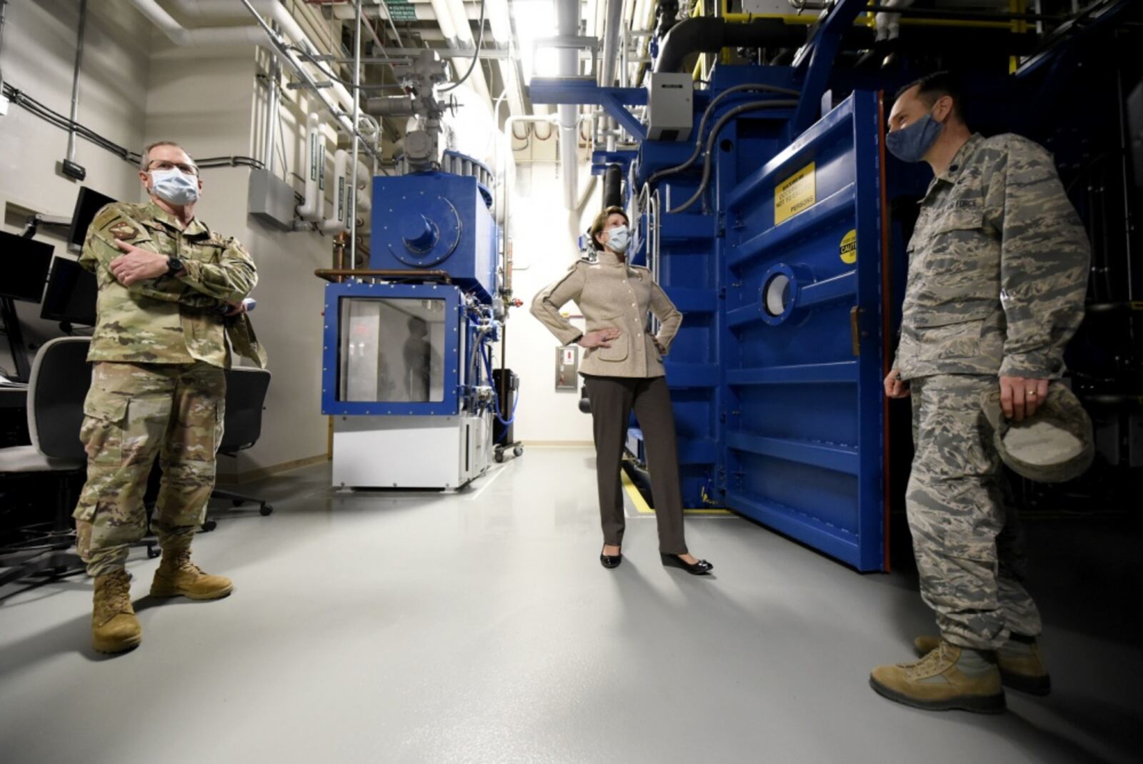 Secretary of the Air Force Barbara Barrett briefed about altitude chambers used by the U.S. Air Force School of Aerospace Medicine, shown to her at Wright-Patterson Air Force Base, Ohio, April 21, 2020. USAFSAM has maintained training protocols with the centrifuge throughout the COVID-19 pandemic.