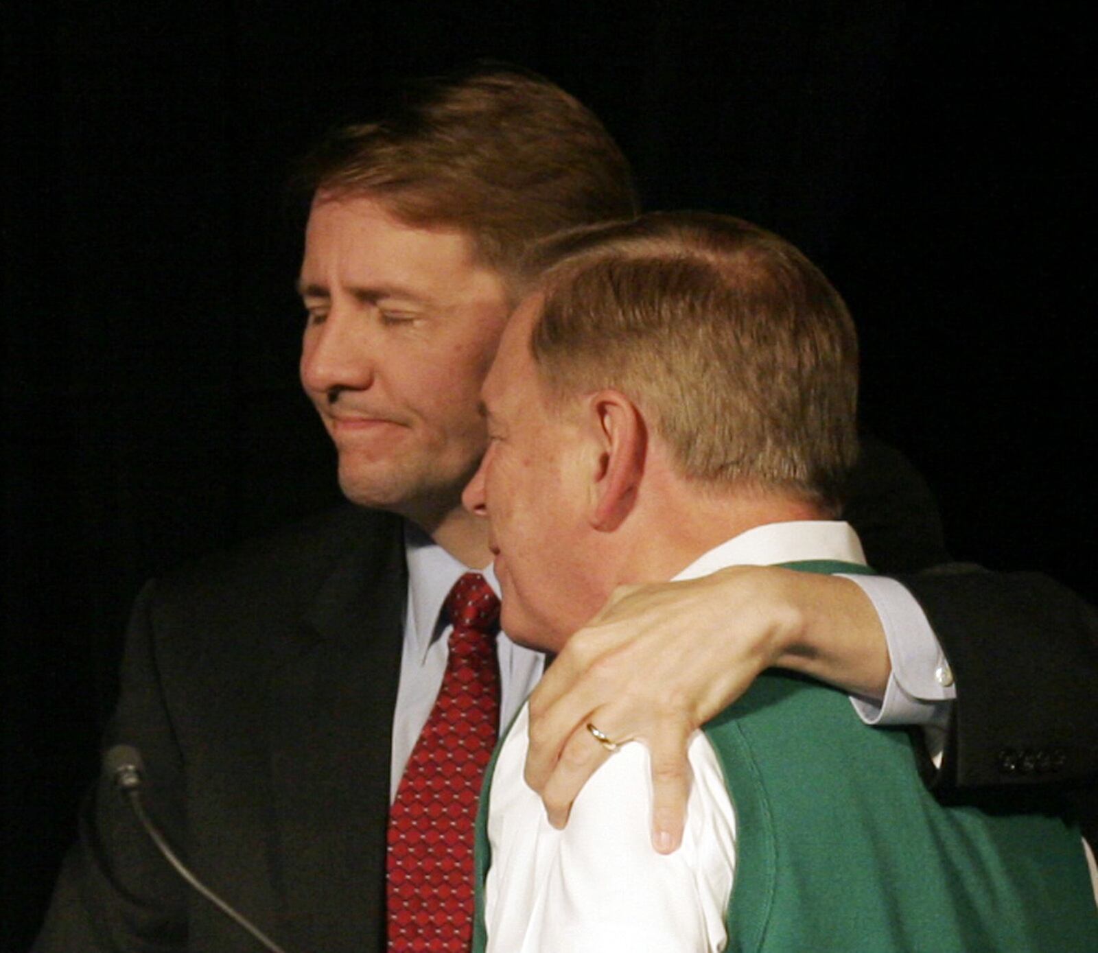 Ohio Attorney General Richard Cordray, who lost his race to Mike DeWine, hugs Gov. Ted Strickland after Strickland’s concession to John Kasich early Wednesday, Nov. 3, 2010, at the Ohio Democratic Party election night party at the Hyatt Regency Columbus.