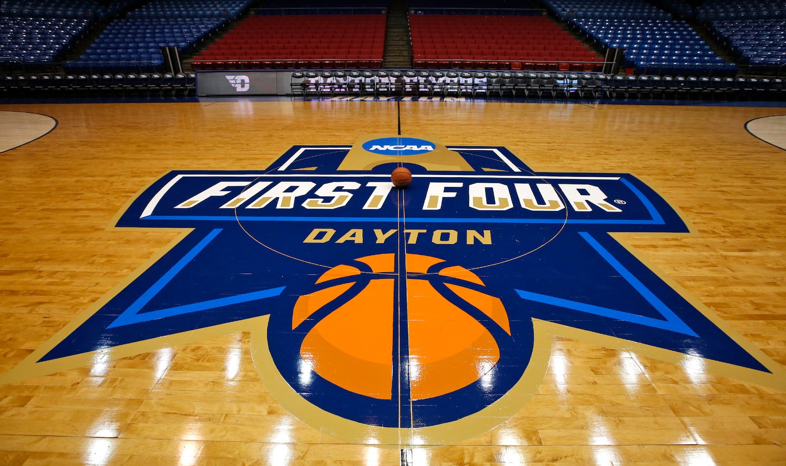 The floor, backbooards and hoops are ready for the NCAA First Four games a UD Arena. Team practices start on Monday for the first game on Tuesday at 6:30. TY GREENLEES / STAFF