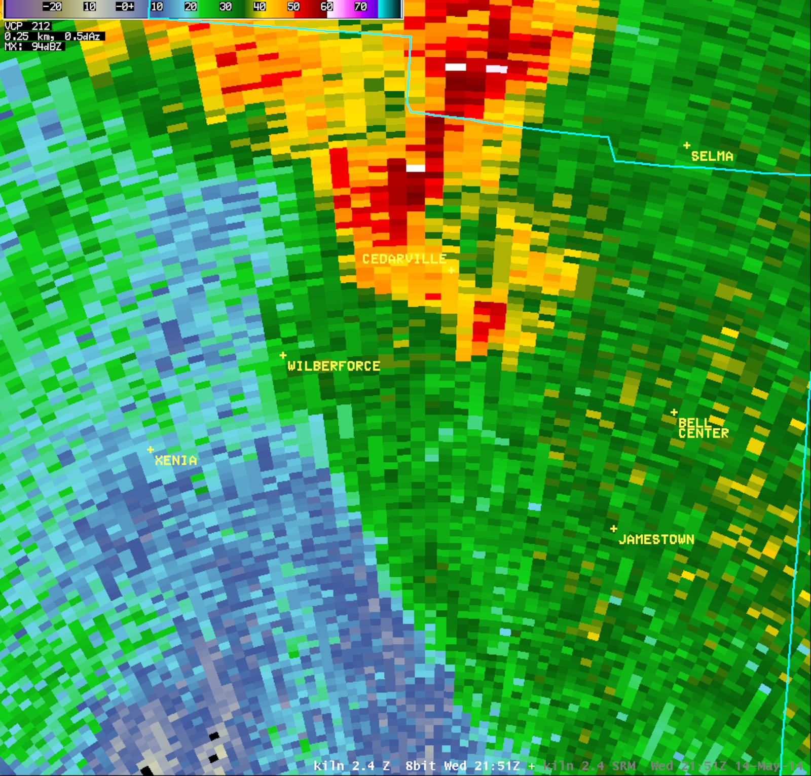 NWS radar imagery of Cedarville EF3 tornado, May 14, 2014.