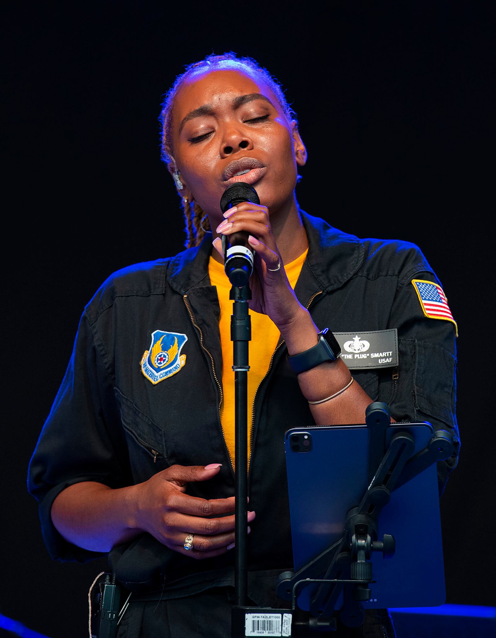 Staff Sgt. MeLan Smartt sings during an Air Force Band of Flight concert at Fraze Pavilion on July 27. U.S. AIR FORCE PHOTO/R.J. ORIEZ