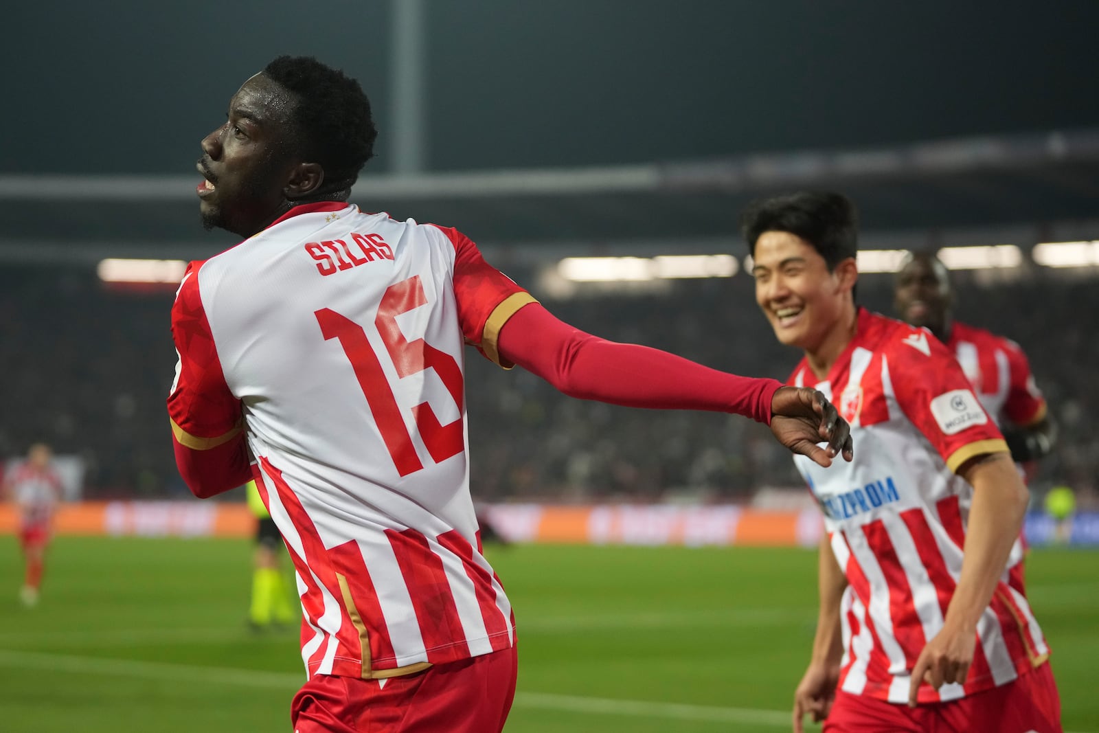 Red Star's Silas celebrates after scoring during the Champions League opening phase soccer match between Red Star and Barcelona at the Rajko Mitic Stadium in Belgrade, Serbia, Wednesday, November 6, 2024. (AP Photo/Darko Vojinovic)