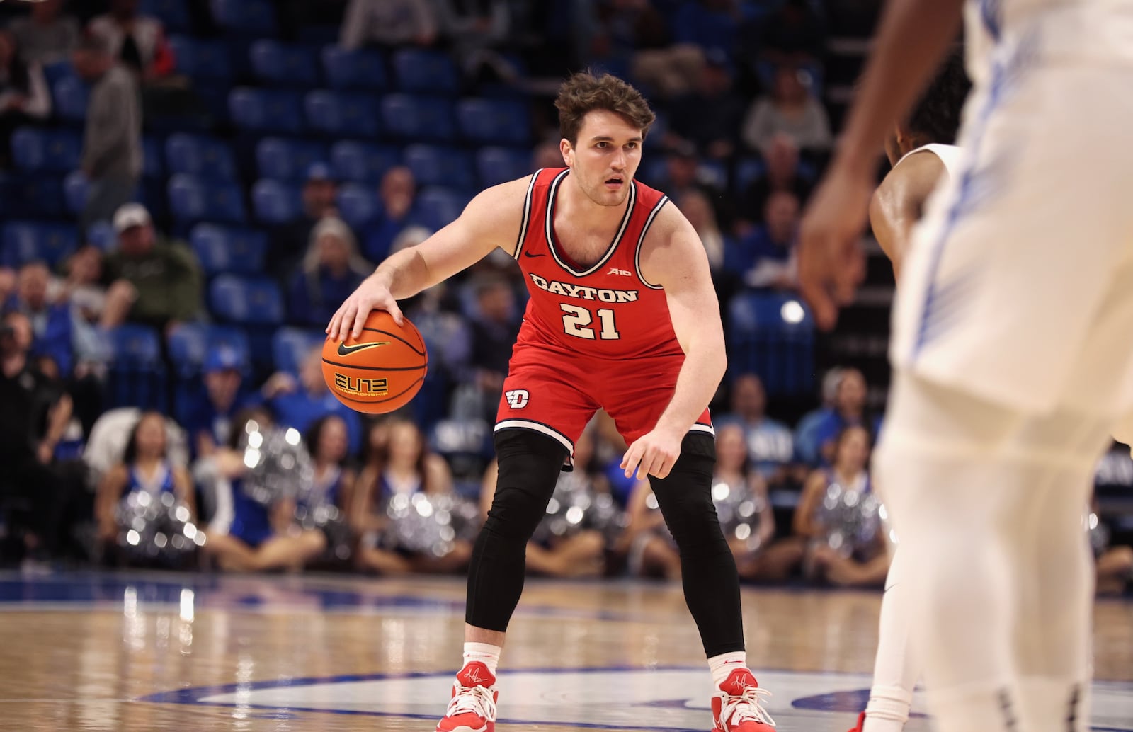 Dayton's Brady Uhl dribbles against Saint Louis on Tuesday, March 5, 2024, at Chaifetz Arena in St. Louis, Mo. David Jablonski/Staff