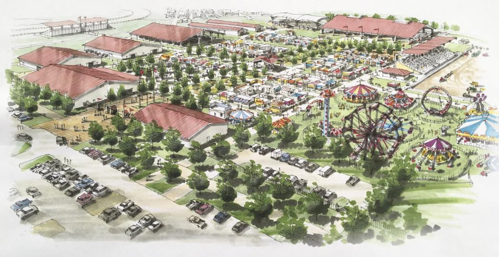 Plans unveiled for the new Montgomery County Fairgrounds site in Jefferson Twp. call for three air-conditioned and heated buildings to keep and attract year-round events. Seven buildings and an office are planned during the first phase of development.