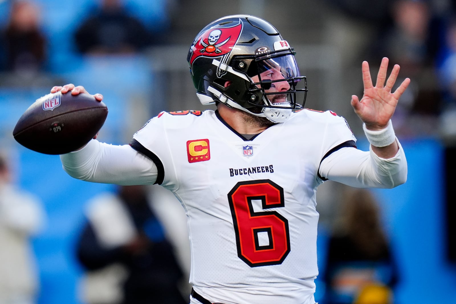 Tampa Bay Buccaneers quarterback Baker Mayfield against the Carolina Panthers during the first half of an NFL football game, Sunday, Dec. 1, 2024, in Charlotte, N.C. (AP Photo/Rusty Jones)