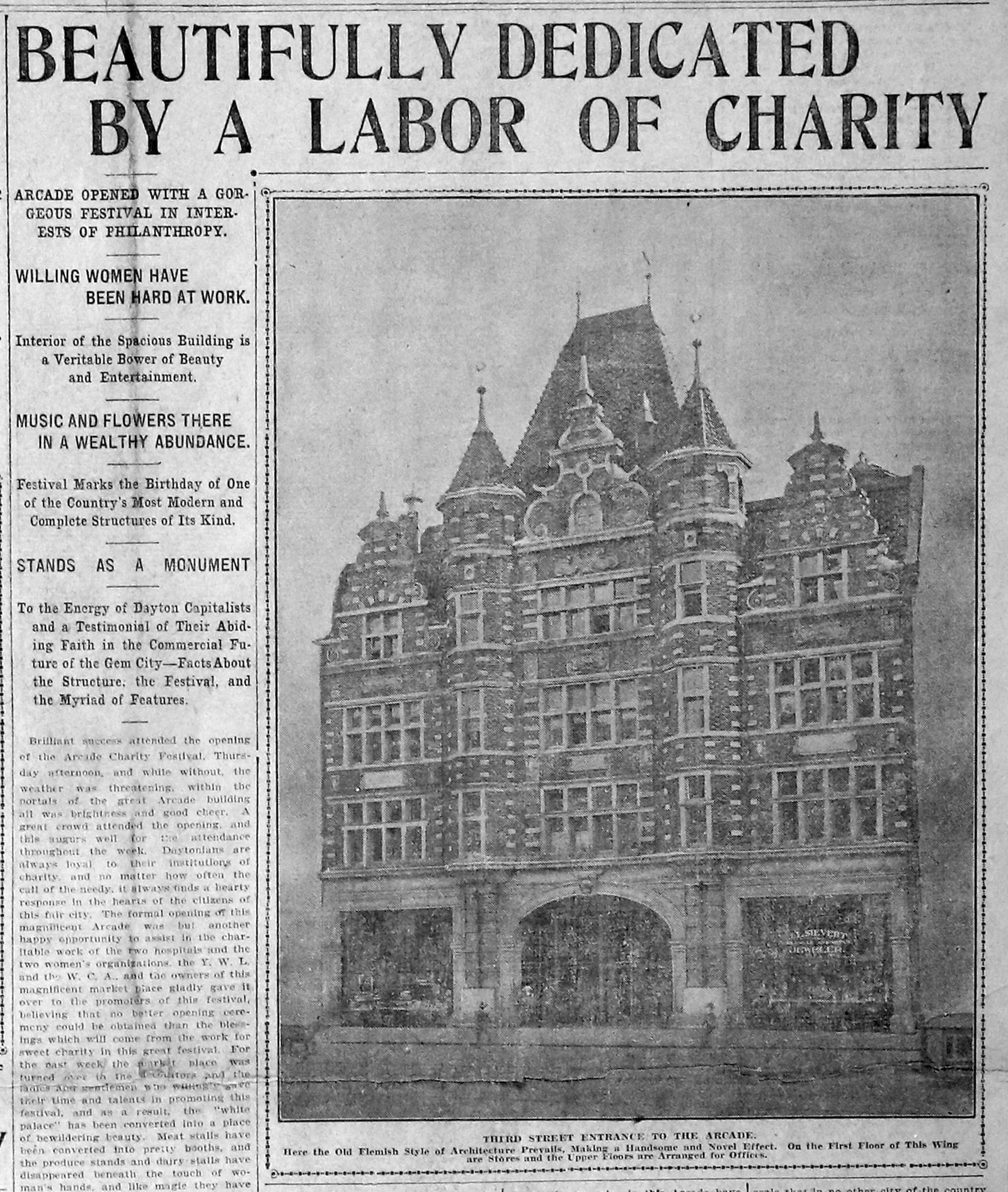 Coverage of the dedication of Dayton Arcade on the front page of the Dayton Daily News, March 3, 1904.