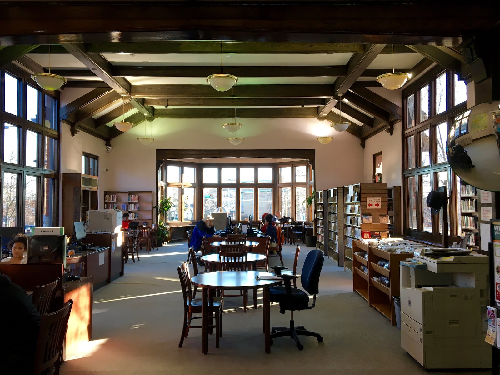 Architect Tim Bement says the Dayton View library features dramatic cathedral ceilings with exposed and masterfully carved heavy timber structure inside. CONTRIBUTED