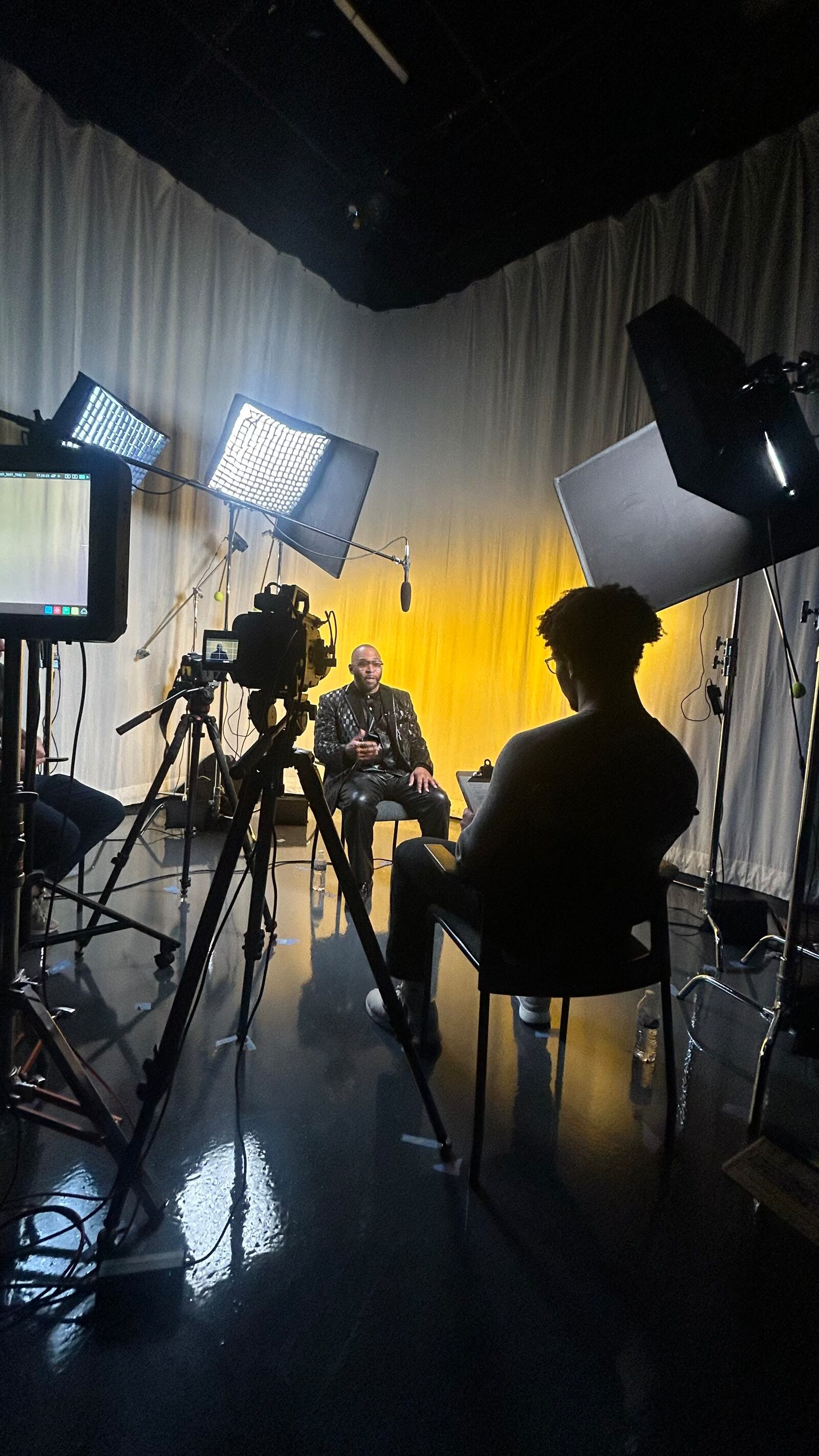 Kai Mccray-Brown of West Chester interviews musician Deron Bell for the new University of Dayton student documentary, “Funk: The Sound of Dayton.” It premiers in the Roger Glass Center for the Arts at the University of Dayton on Thursday.