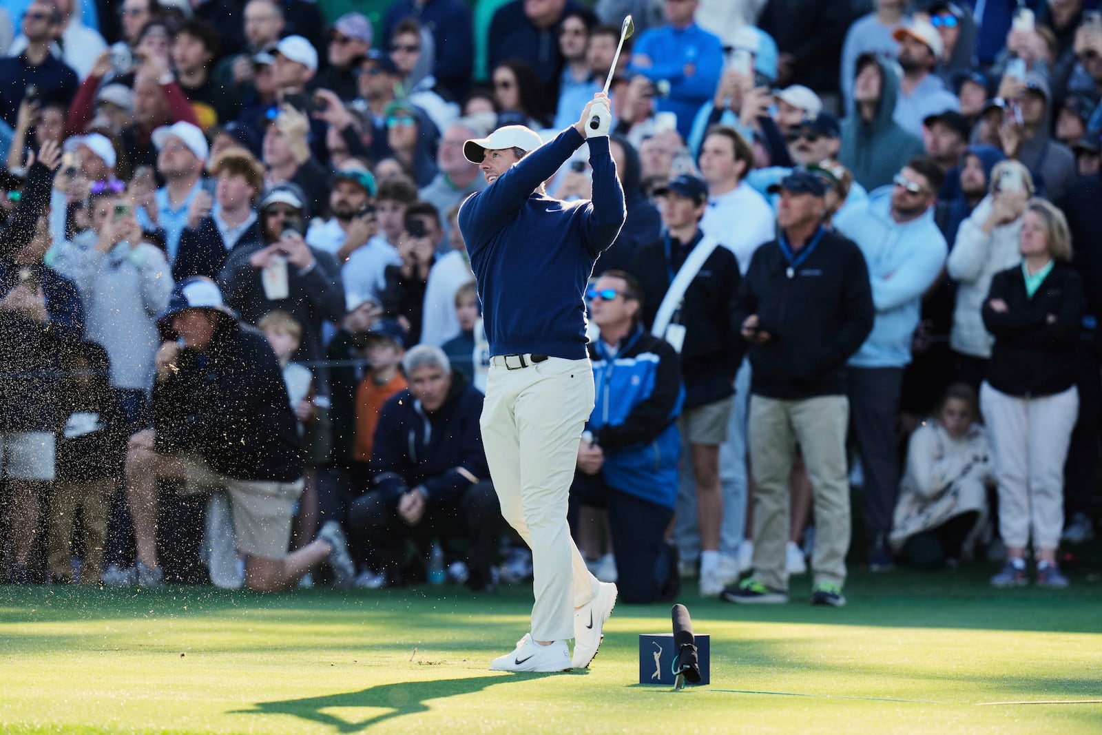 Rory McIlroy, of Northern Ireland, hits from the 17th tee during a playoff round of The Players Championship golf tournament Monday, March 17, 2025, in Ponte Vedra Beach, Fla. (AP Photo/Chris O'Meara)