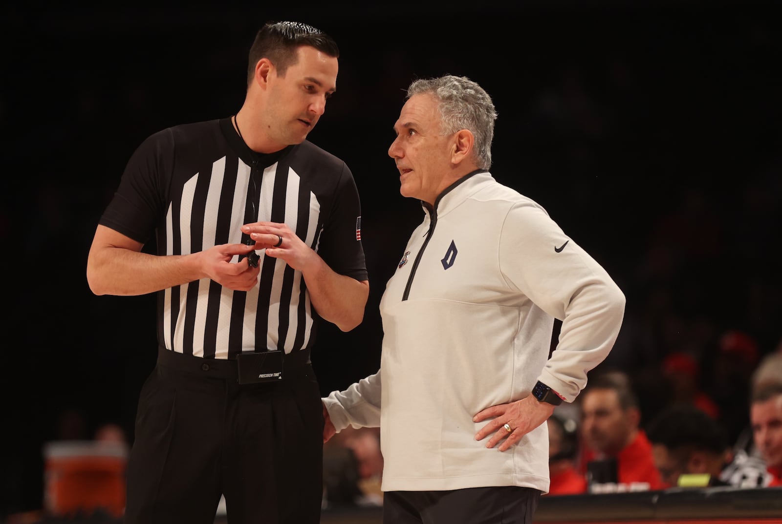 Duquesne's Keith Dambrot talks to an official during a game against Dayton in the Atlantic 10 Conference tournament quarterfinals on Thursday, March 14, 2024, at the Barclays Center in Brooklyn, N.Y. David Jablonski/Staff