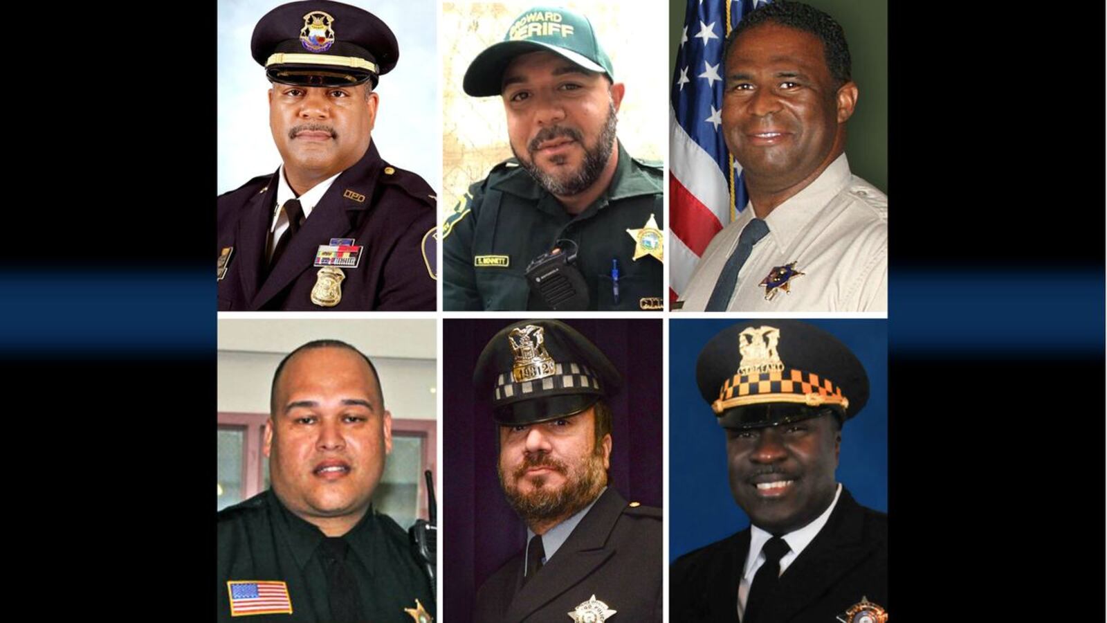 Pictured, clockwise from top left, in photos provided by their respective law enforcement agencies are Detroit police Capt. Jonathan Parnell, Broward County (Fla.) Deputy Shannon Bennett; Riverside County (Calif.) Deputy Terrell Young, Chicago police Sgt. Clifford Martin, Chicago police Officer Marco DiFranco, and Palm Beach County Sgt. Jose Diaz Ayala. The officers are among the law enforcement officers who have died across the country since mid-March of COVID-19, the illness caused by the novel coronavirus. (Photos contributed by multiple agencies)