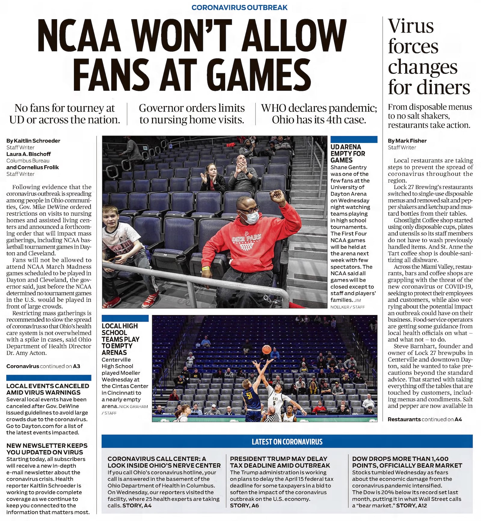 The front page of the Dayton Daily News, March 12, 2020. DAYTON DAILY NEWS ARCHIVES