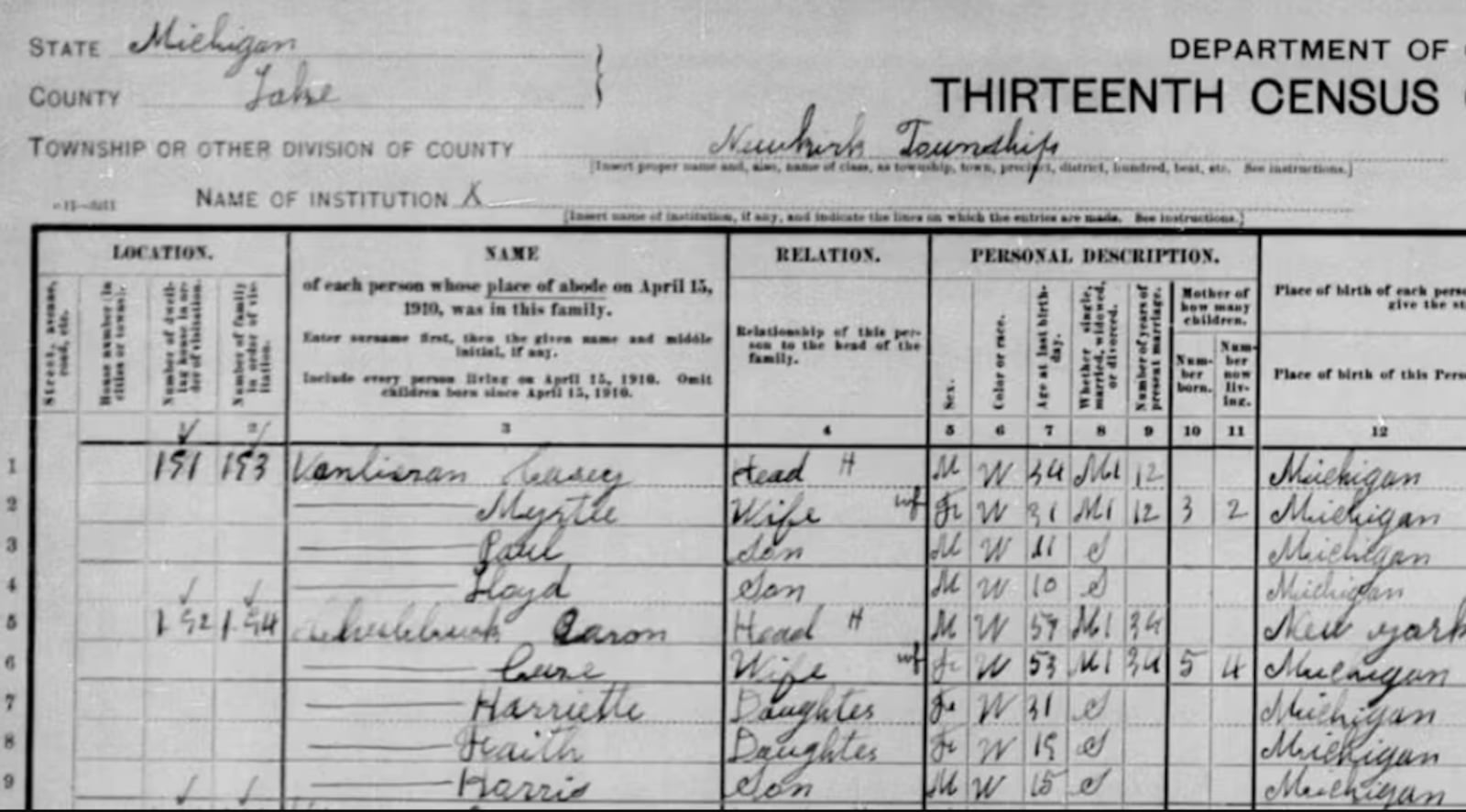 U.S. census, May 5, 1910, Newkirk Township, Michigan. Information recorded that year included: occupation, marital status, how many children a woman had borne and how many were still living, places of birth for the parents of each individual recorded and whether they spoke English. CREDIT: The U.S. National Archives and Records Administration