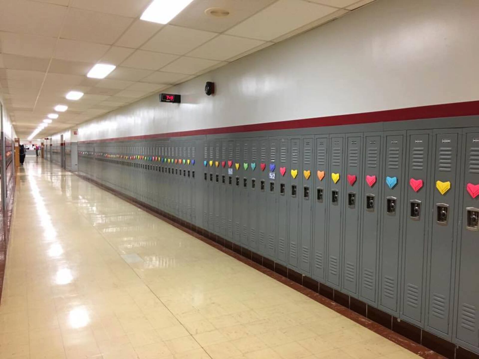 An Anonymous student left origami hearts on 1,300 Troy High School lockers. Photo: Troy High School.