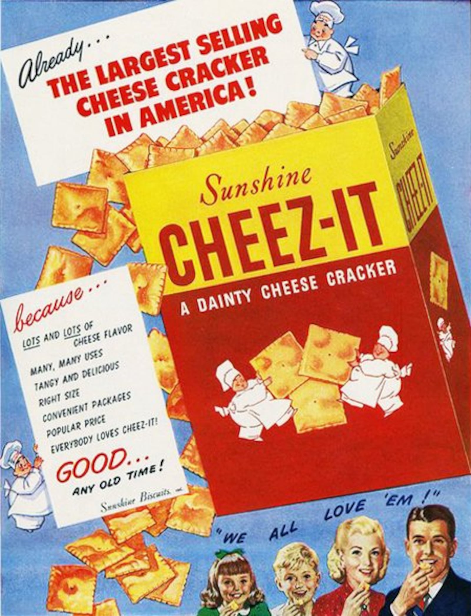 
According to the United States Patent and Trademark Office, the first Cheez-It Cheese Crackers were sold by The Green & Green Company of Dayton in May 1921. The company, which had started business in 1896, was better known for their Edgemont crackers and for its nutty-flavored Dayton cracker, which was stamped with the name  Dayton .
