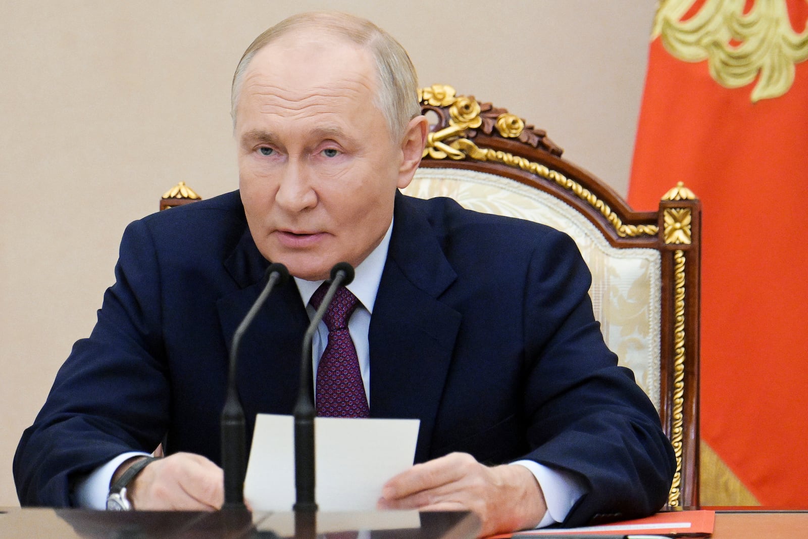 FILE - Russian President Vladimir Putin speaks at the Security Council meeting on nuclear deterrence at the Kremlin in Moscow, Russia, on Sept. 25, 2024. (Aleksei Nikolsky, Sputnik, Kremlin Pool Photo via AP, File)