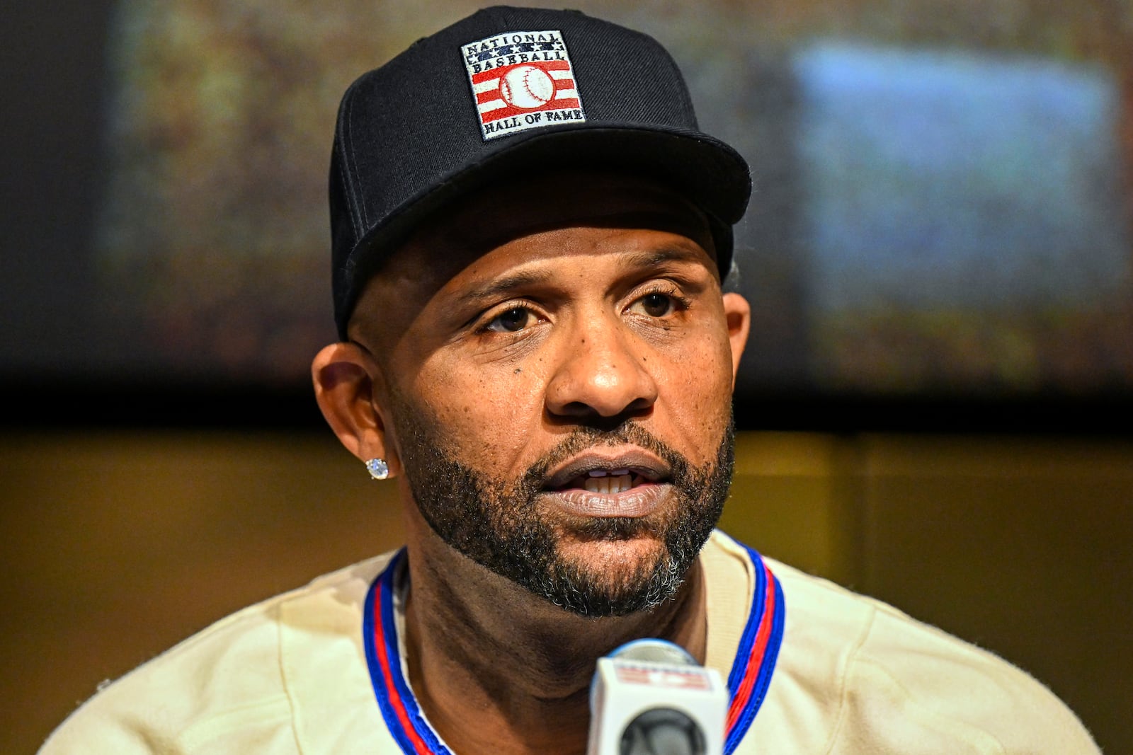 Newly-elected Baseball Hall of Fame inductee CC Sabathia talks to reporters during a news conference Thursday, Jan. 23, 2025, in Cooperstown, N.Y. (AP Photo/Hans Pennink)