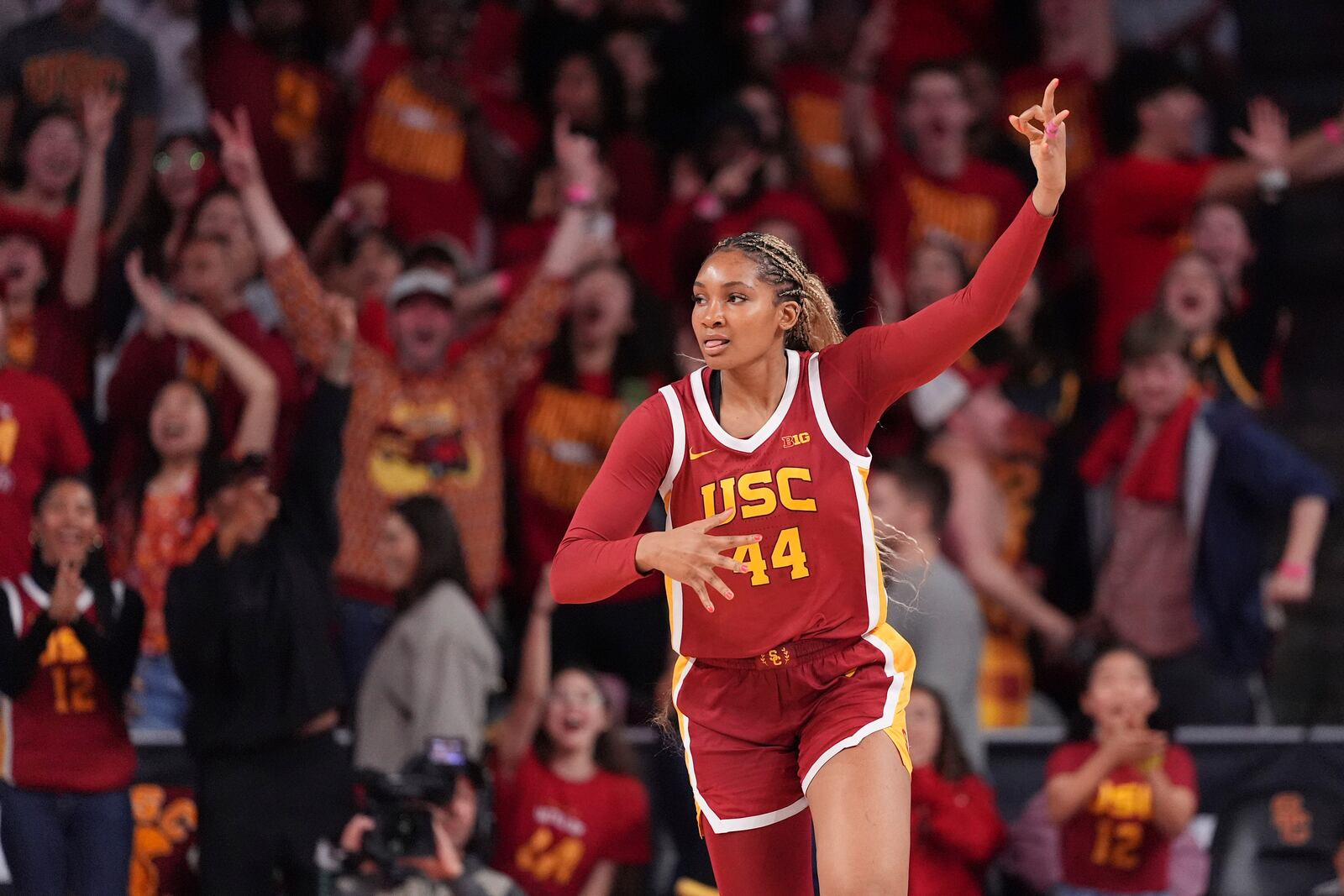 Southern California forward Kiki Iriafen gestures after scoring during the first half of an NCAA college basketball game against UCLA, Thursday, Feb. 13, 2025, in Los Angeles. (AP Photo/Mark J. Terrill)