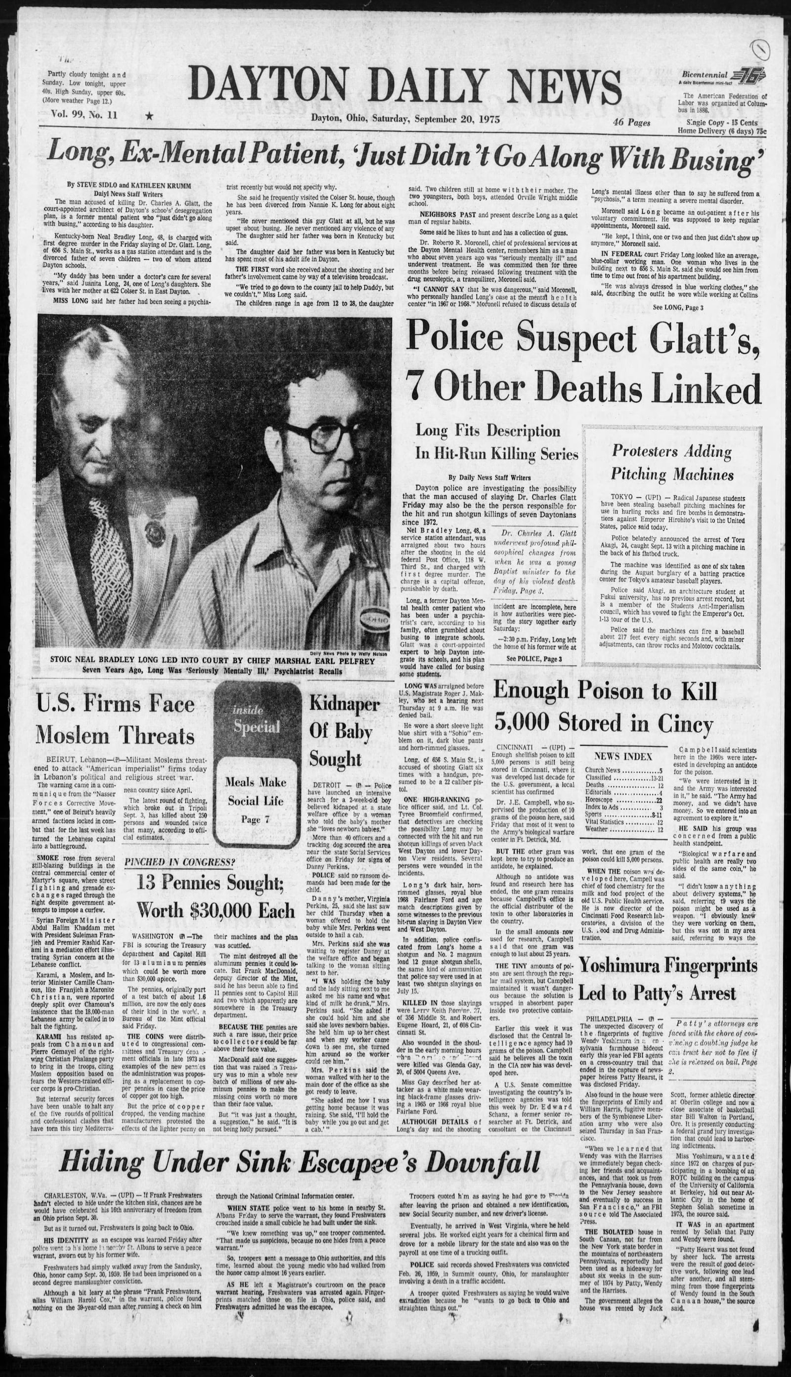 September 20, 1975:  The front page of the Dayton Daily News covering Neal Bradley Long, a racist who terrorized west Dayton for years, shooting dozens of black men and eventually gunning down the architect of Dayton’s school busing plan in the federal courthouse. VIEW THE FULL-SIZE PAGE: https://www.daytondailynews.com/rw/Pub/p9/DaytonDailyNews/2018/08/14/Images/1975_09_20.jpg