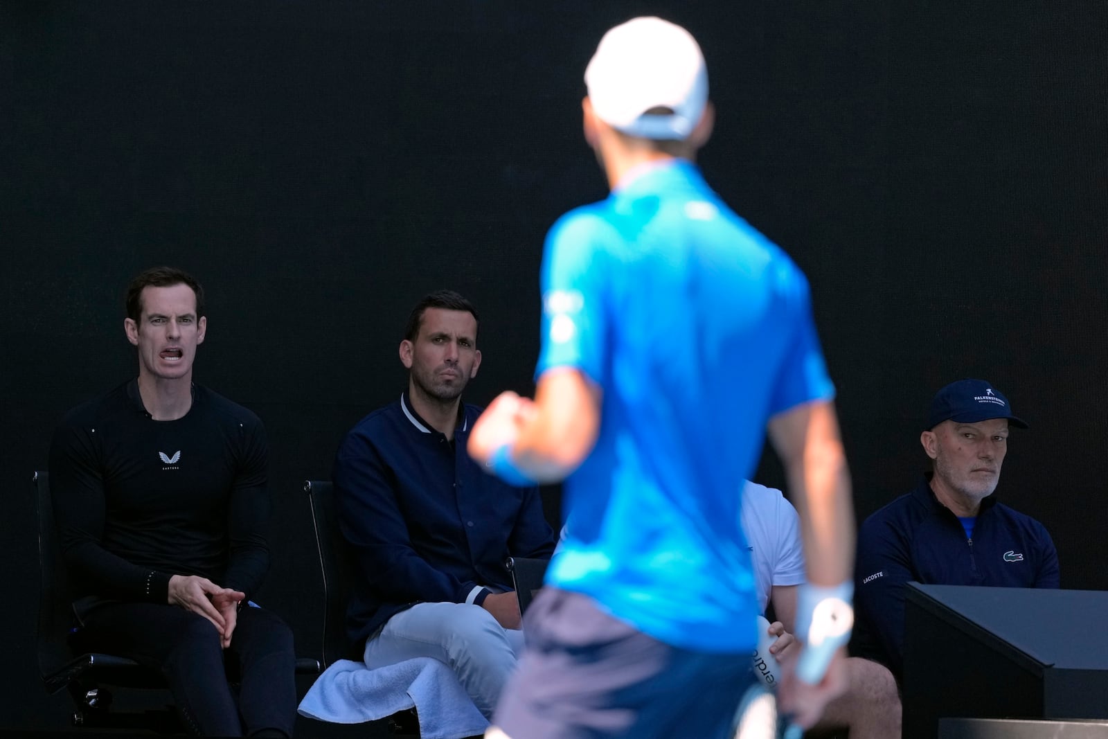 Novak Djokovic of Serbia looks to his coaches box during his semifinal match against Alexander Zverev of Germany at the Australian Open tennis championship in Melbourne, Australia, Friday, Jan. 24, 2025. (AP Photo/Manish Swarup)