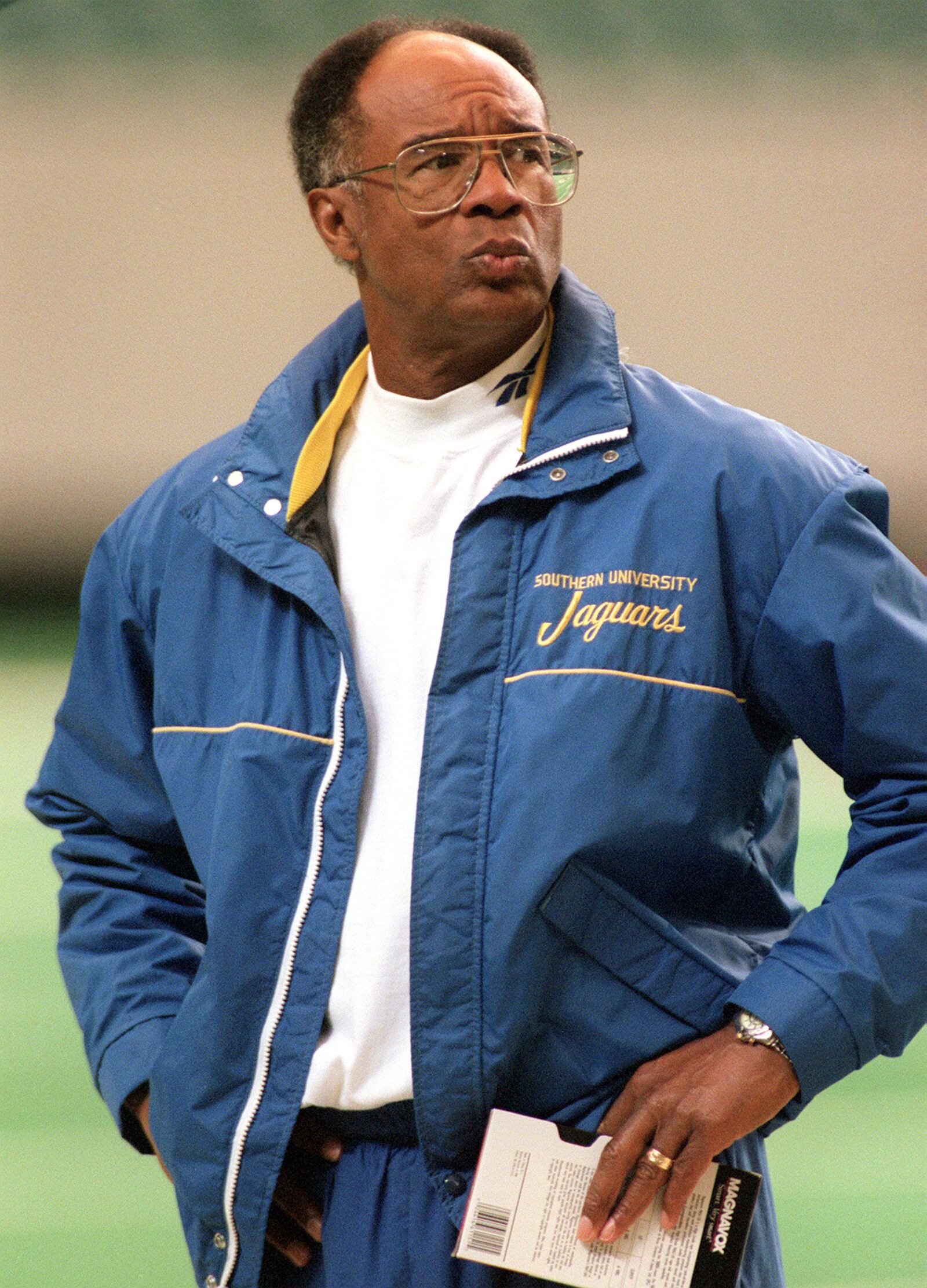 971226 - Atlanta, Georgia - Head football coach Pete Richardson of Southern watches as his team prepares in the Georgia Dome for tomorrow's game vs South Carolina State in the Heritage Bowl on Fridya, December 26, 1997. (AJC Staff Photo/W. A. Bridges, Jr.)