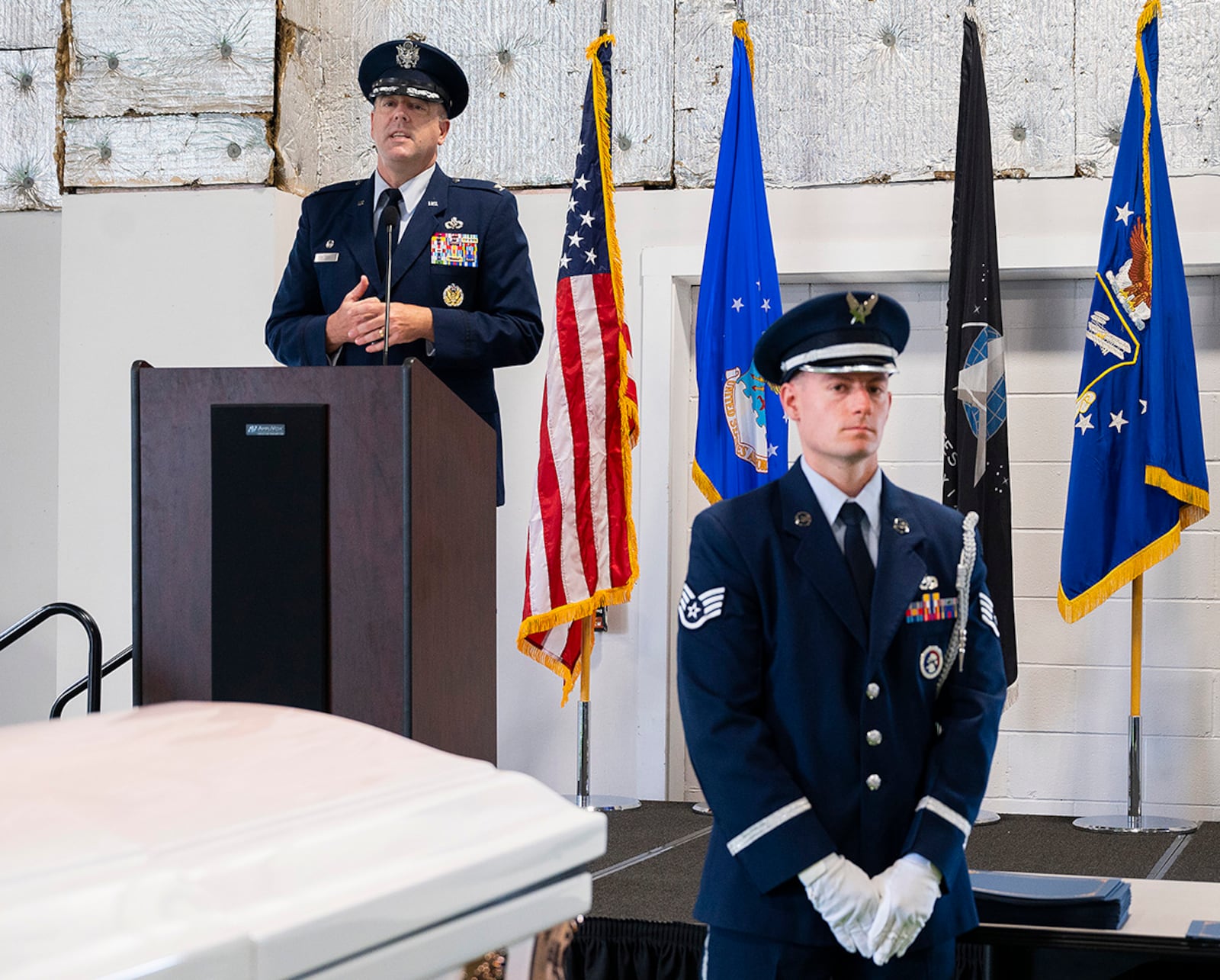 Col. Patrick Miller, 88th Air Base Wing and installation commander, speaks during the Wright-Patterson Air Force Base Honor Guard graduation ceremony on April 25. U.S. AIR FORCE PHOTO/R.J. ORIEZ