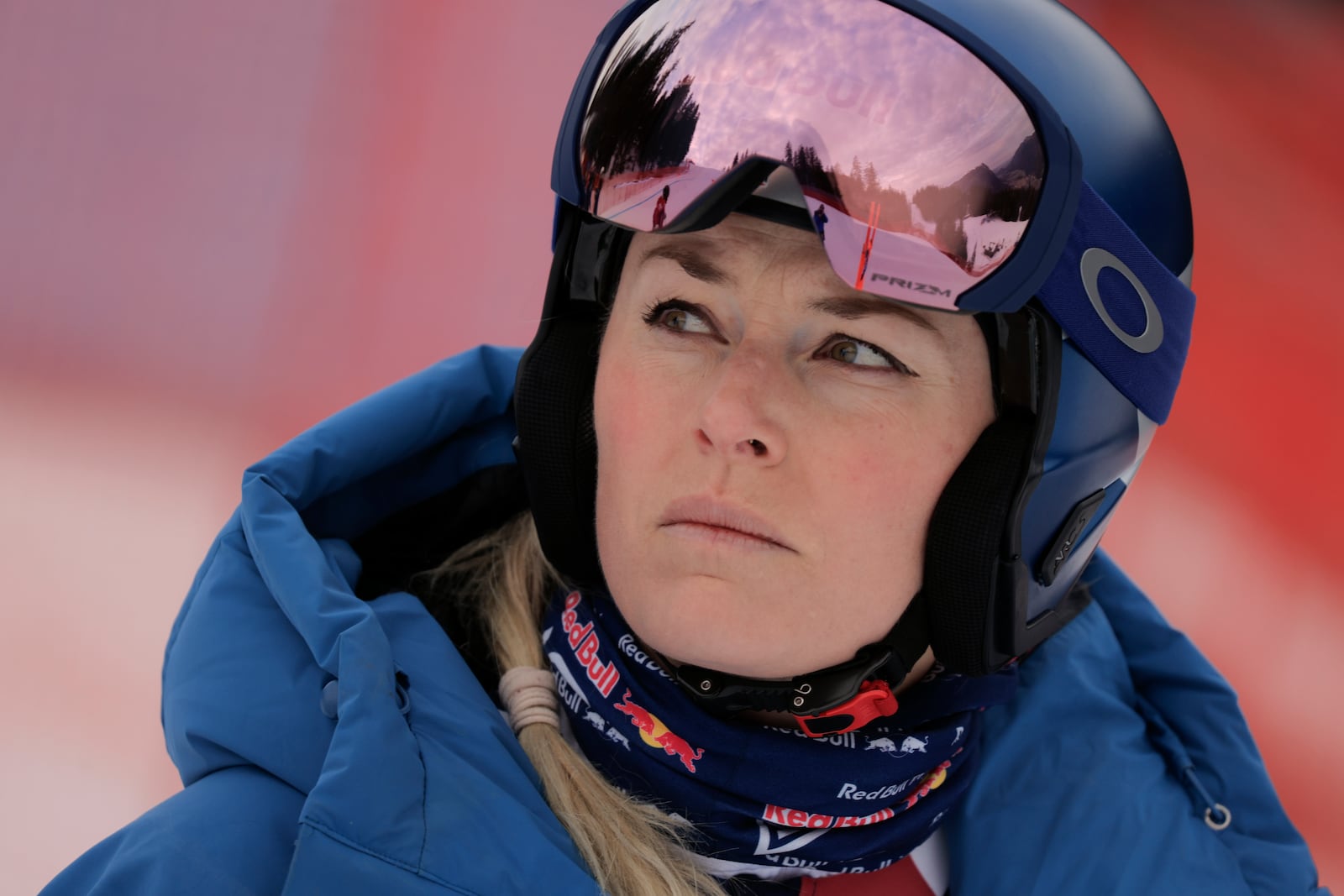 FILE - United States' Lindsey Vonn looks on ahead of an alpine ski, women's World Cup downhill training, in Garmisch-Partenkirchen, Germany, Friday, Jan. 24, 2025. (AP Photo/Giovanni Maria Pizzato, File)