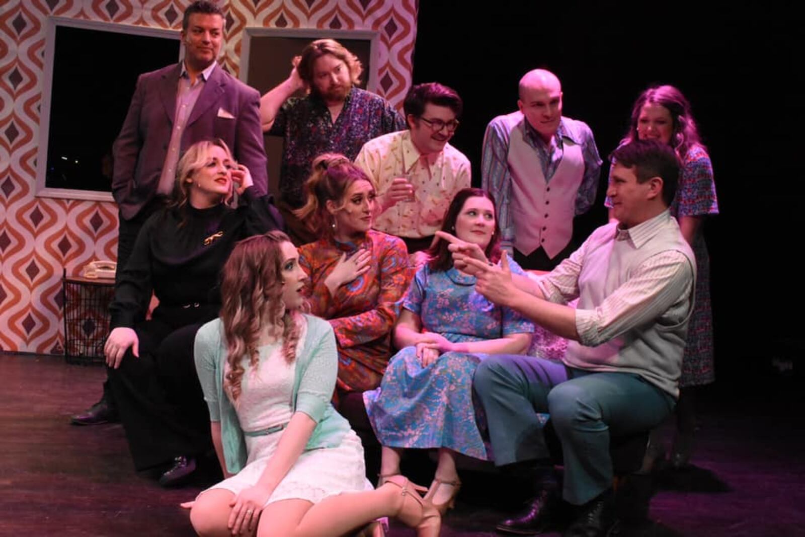 Top row, left to right: David Moyer (Larry), Derick Latimer (Peter), Garrett Young (Harry), Joshua Silver Hughes (Paul), Danielle Ruddy (Susan); Middle row, left to right: Lindsay Sherman (Joanne), Allie Haines (Sarah), Abby Hoggatt (Jenny), Philip Drennen (David); Front: Kara Hancock (Amy) in TheatreLab Dayton's production of "Company." PHOTO BY THEATRELAB DAYTON