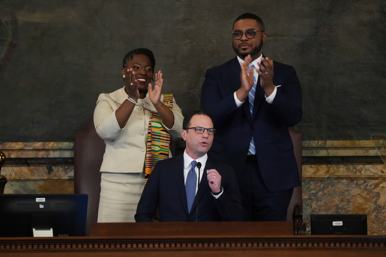 Pennsylvania Gov. Josh Shapiro, accompanied by state House Speaker Joanna McClinton, D-Philadelphia, and Lt. Governor Austin Davis, delivers his budget address for the 2025-26 fiscal year to a joint session of the state House and Senate at the Capitol is seen, Tuesday, Feb. 4, 2025, in Harrisburg, Pa. (AP Photo/Matt Rourke)