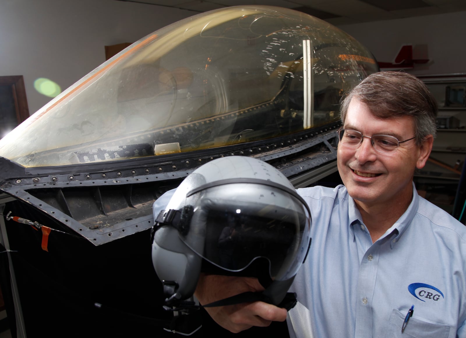 Patrick Hood, chief executive of Cornerstone Research Group, with a helmet mounted display research project in a 2012 file photo.