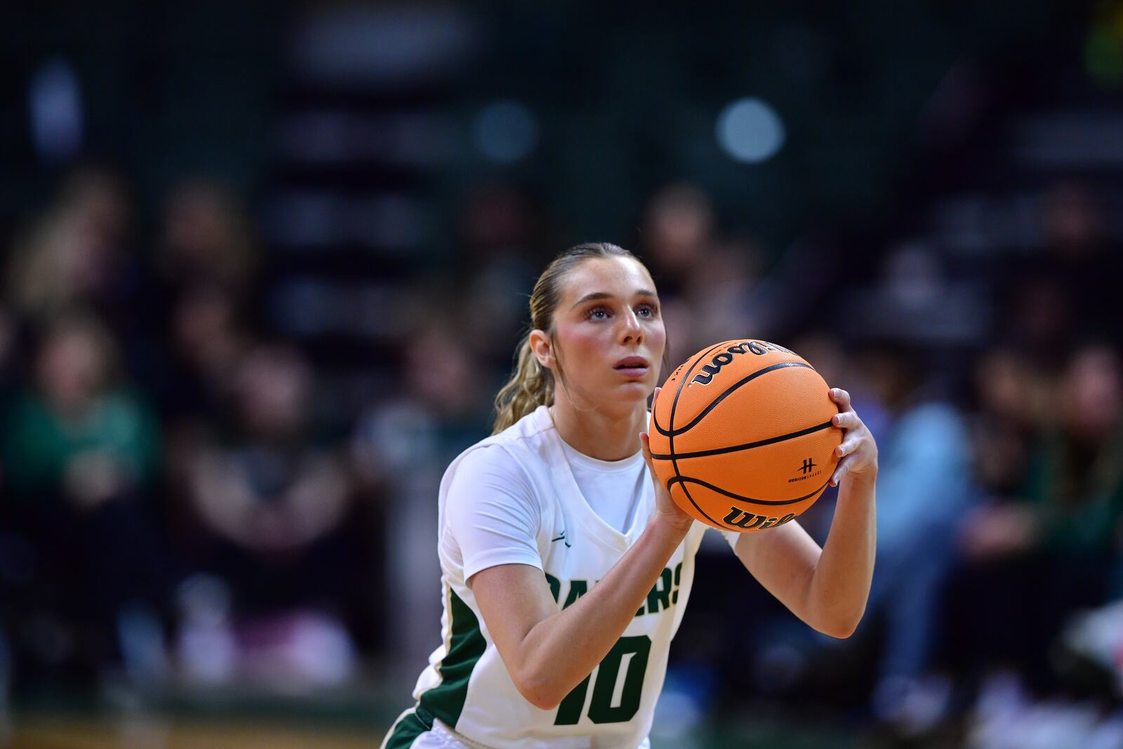 Wright State's Alexis Hutchison shoots a free throw during Thursday's Horizon League quarterfinal game vs. Milwaukee at the Nutter Center. Joe Craven/Wright State Athletics